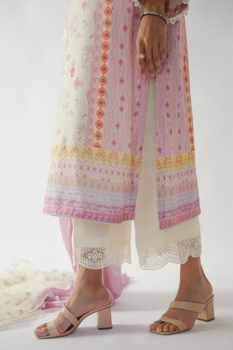 Pakistani Pastel Pink & Ivory Embroidered Khaadi Silk Kurta (3-Piece) - Image 8
