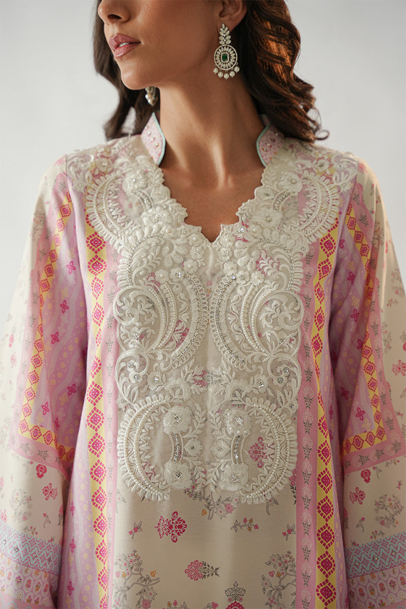 Pakistani Pastel Pink & Ivory Embroidered Khaadi Silk Kurta (3-Piece) - Image 9