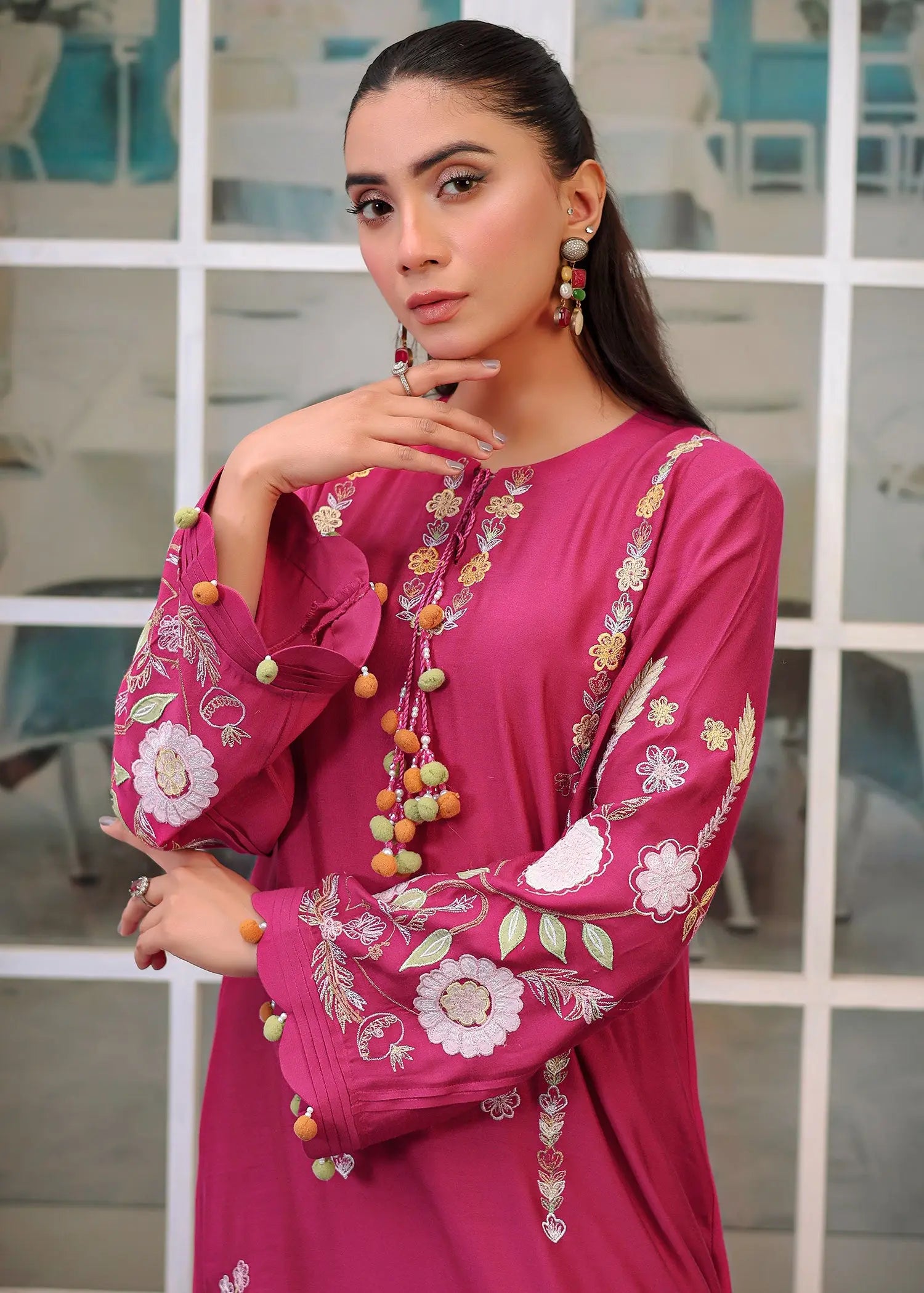Magenta Embroidered Khaadi Silk Salwar Kameez (2-Piece) - Image 3