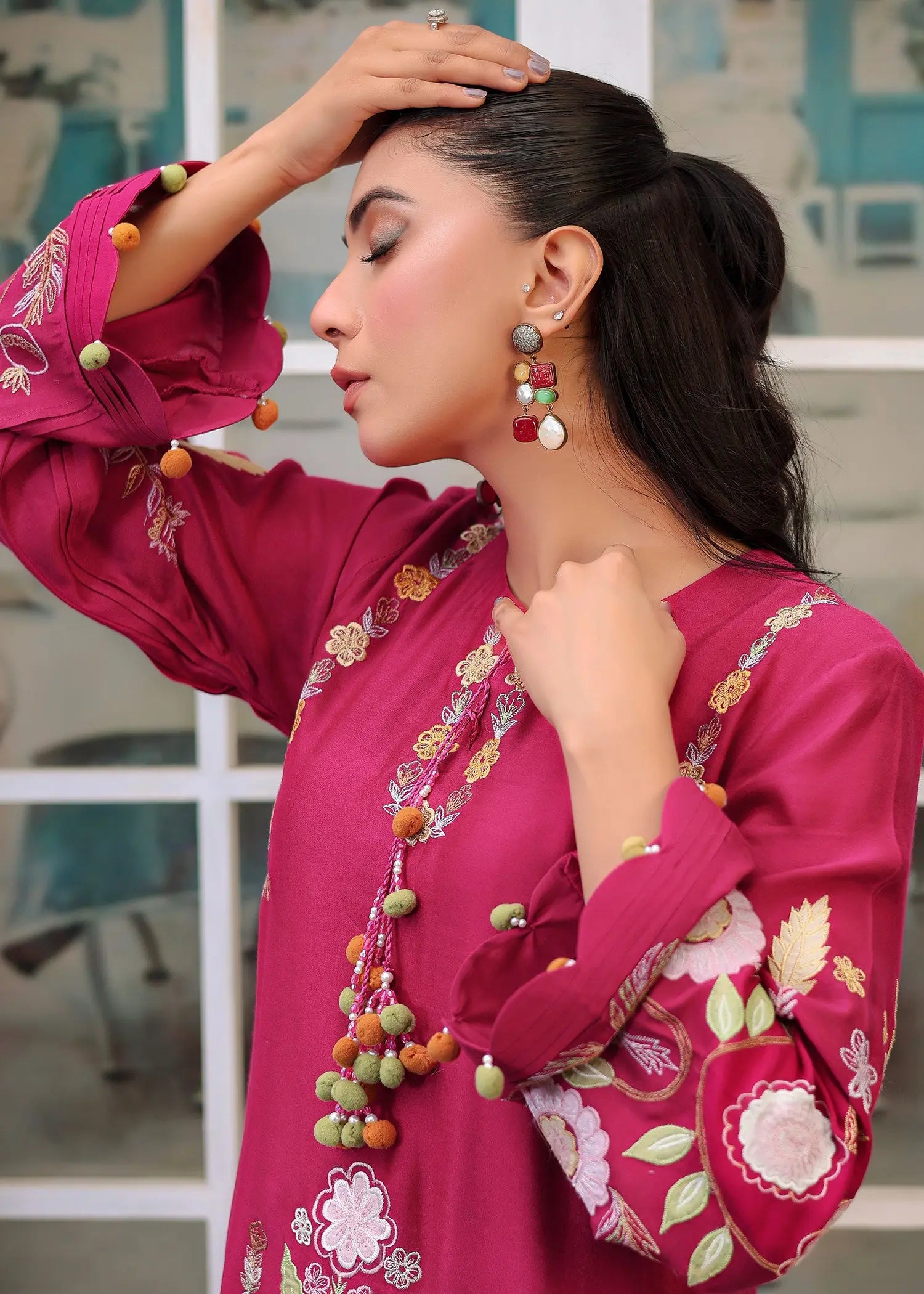 Magenta Embroidered Khaadi Silk Salwar Kameez (2-Piece) - Image 8