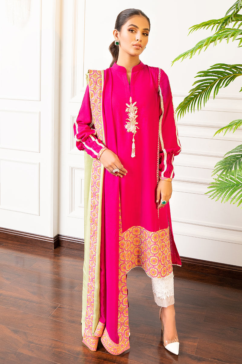 Pakistani Hot Pink Embroidered Khaddar Salwar Kameez (3-Piece) - Image 1