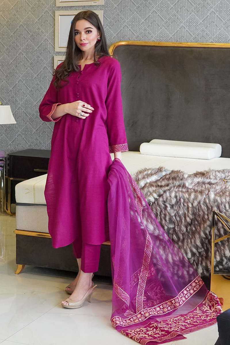 Pakistani Magenta Embroidered Khaddar Salwar Kameez (3-Piece) - Image 1