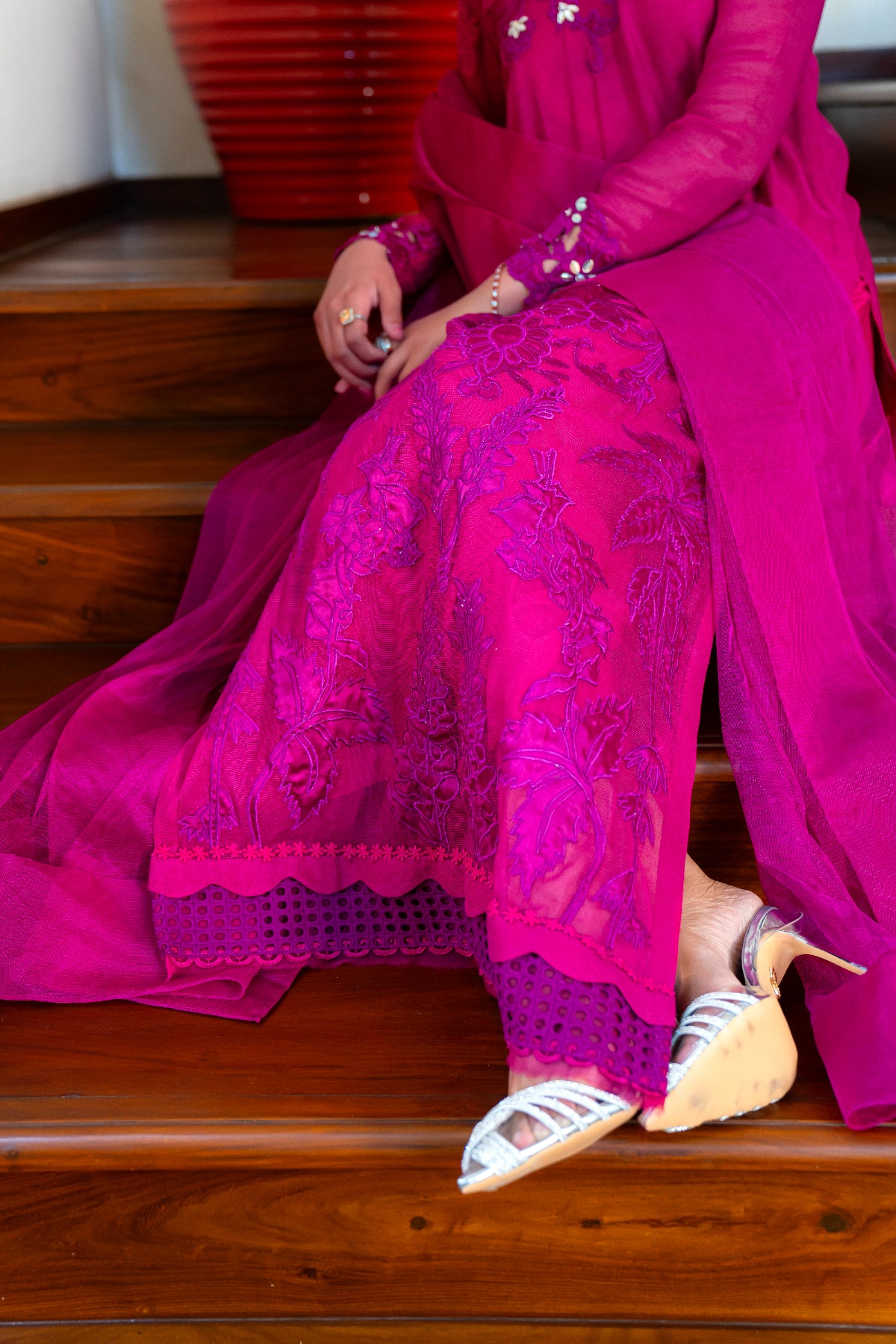 Pakistani Magenta Embroidered Khaddi Net & Silk Salwar Kameez (4-Piece) - Image 6