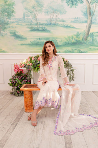 Pakistani Soft Pink Embroidered Khaddi Net Salwar Kameez (4-Piece) - Image 3