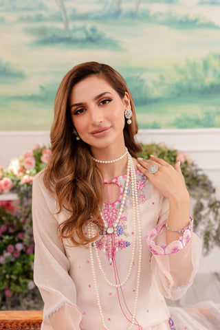 Pakistani Soft Pink Embroidered Khaddi Net Salwar Kameez (4-Piece) - Image 4