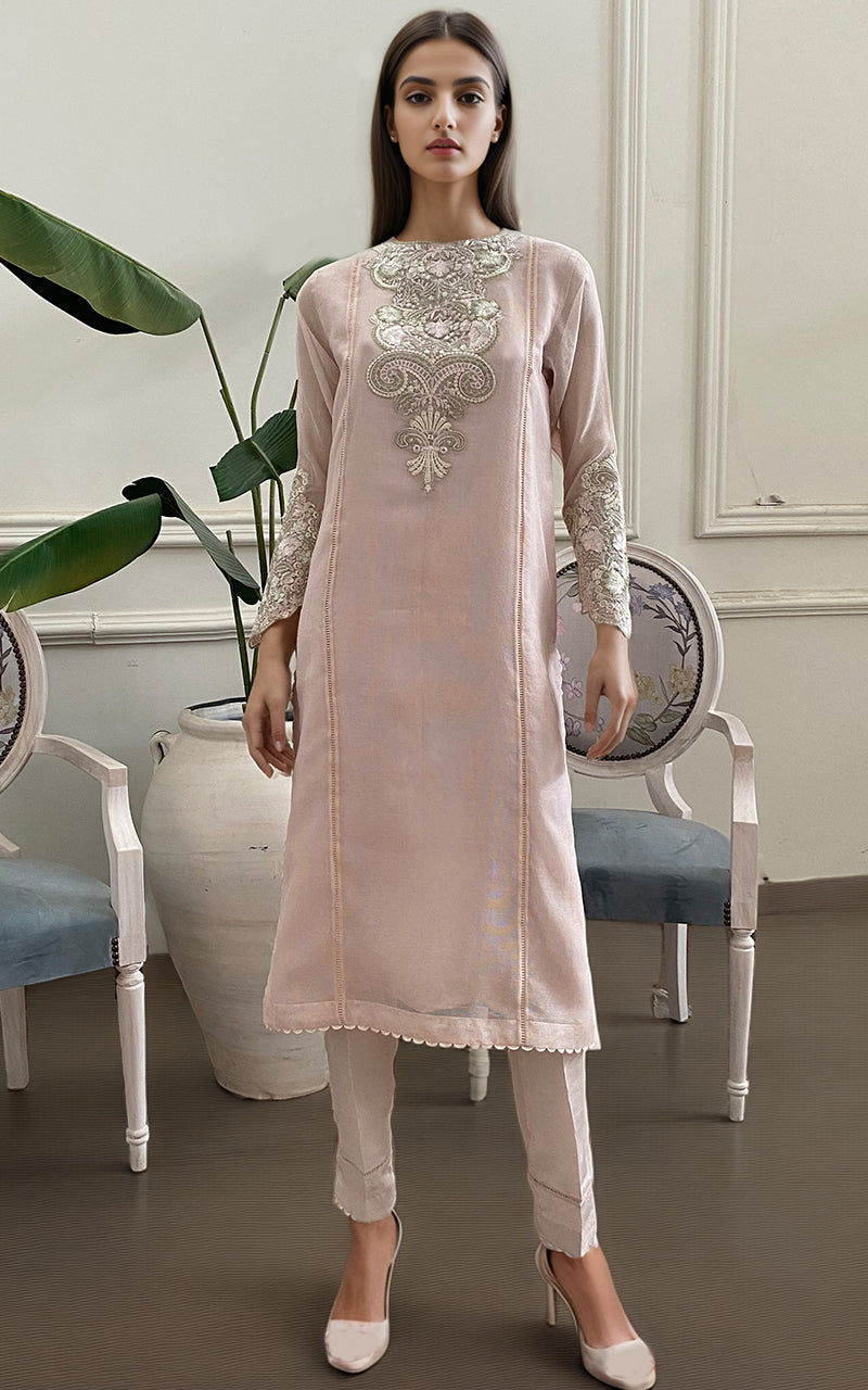 Pakistani Blush Pink Embroidered Khaddi Net Tunic (2-Piece) - Image 1