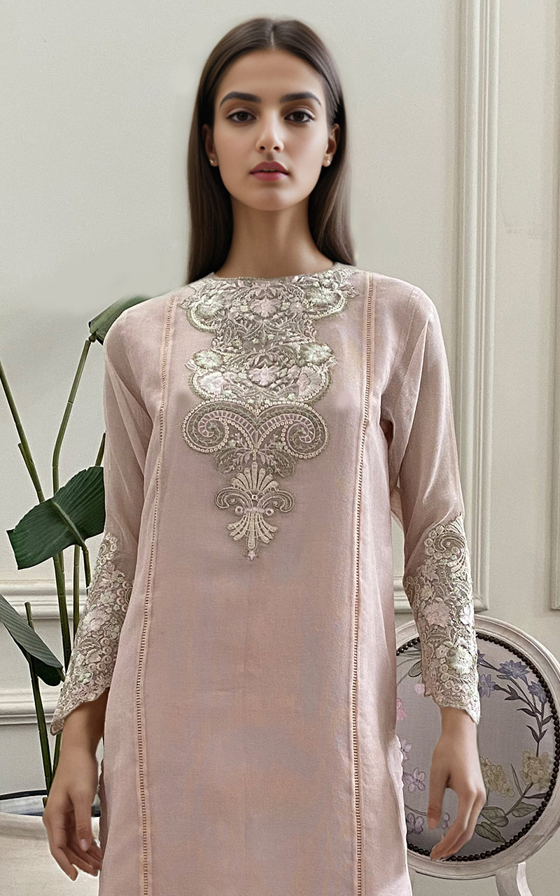 Pakistani Blush Pink Embroidered Khaddi Net Tunic (2-Piece) - Image 2