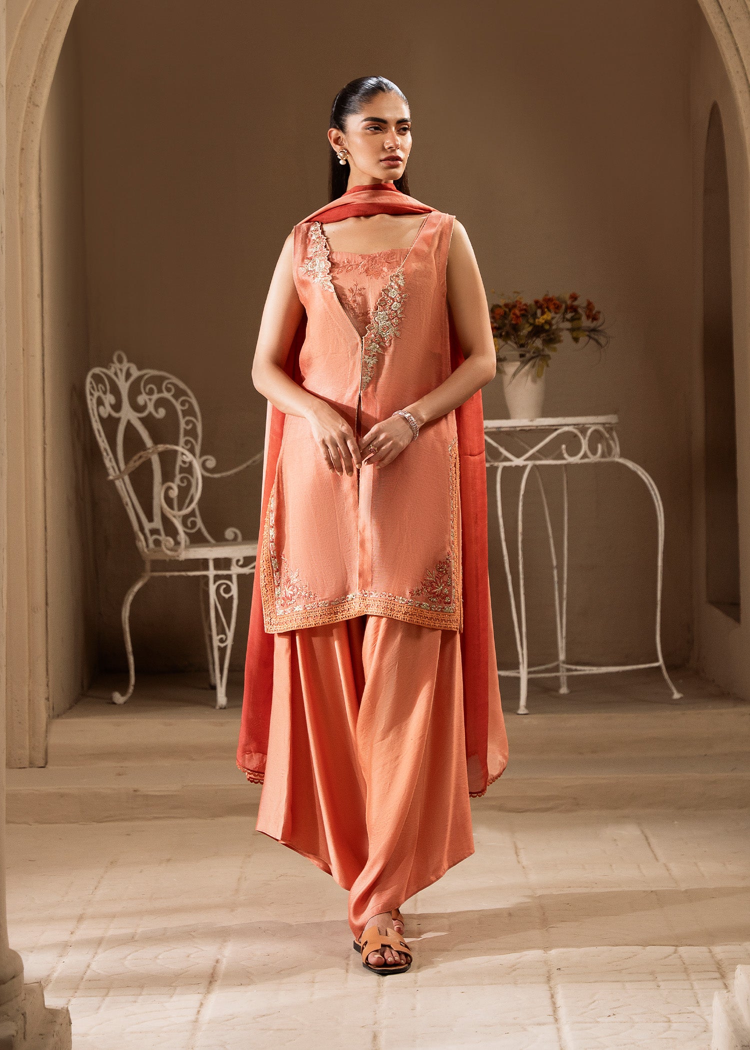 Coral Embroidered Khaddi Silk Jacket Set (3-Piece) - Image 1
