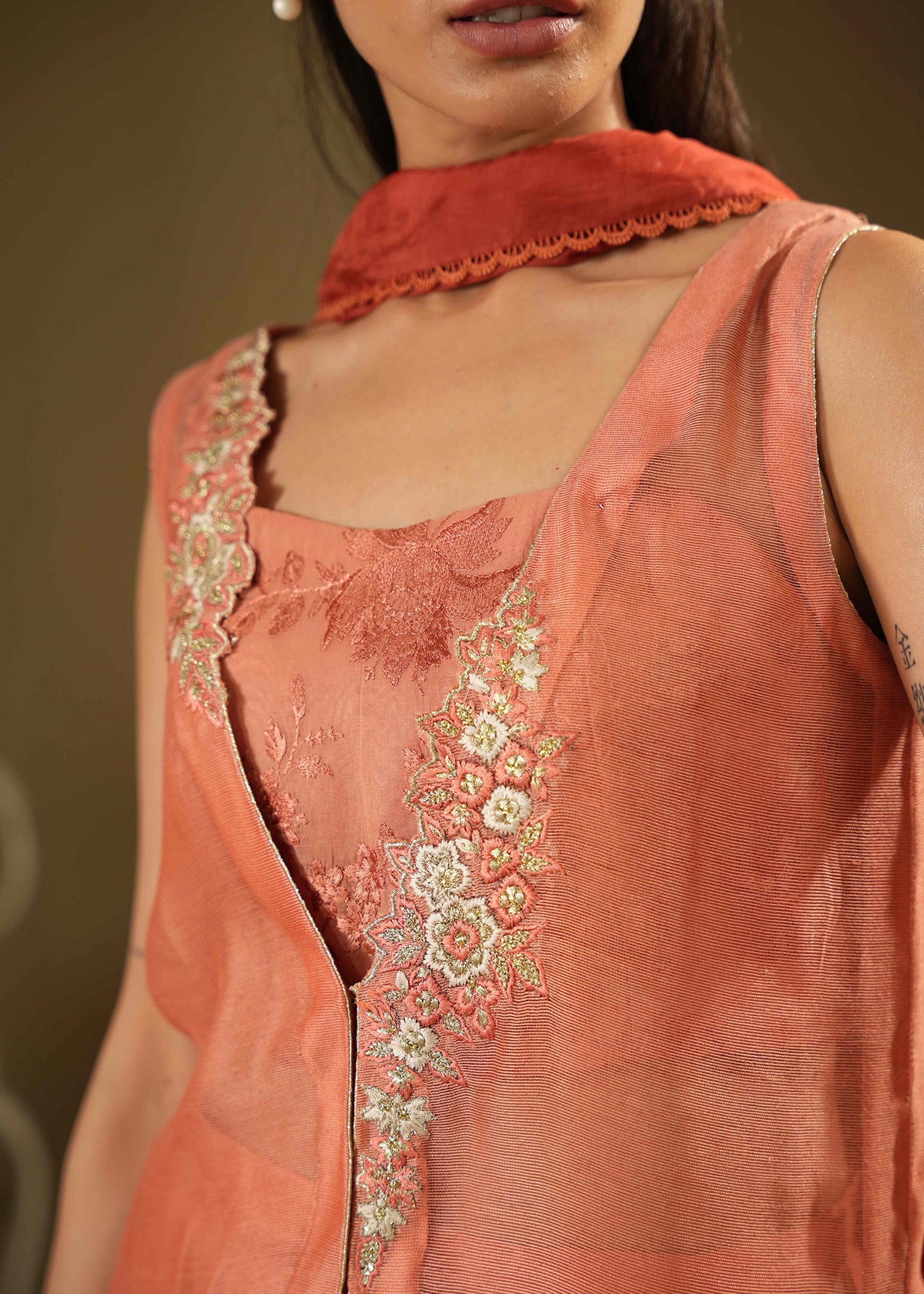 Coral Embroidered Khaddi Silk Jacket Set (3-Piece) - Image 2