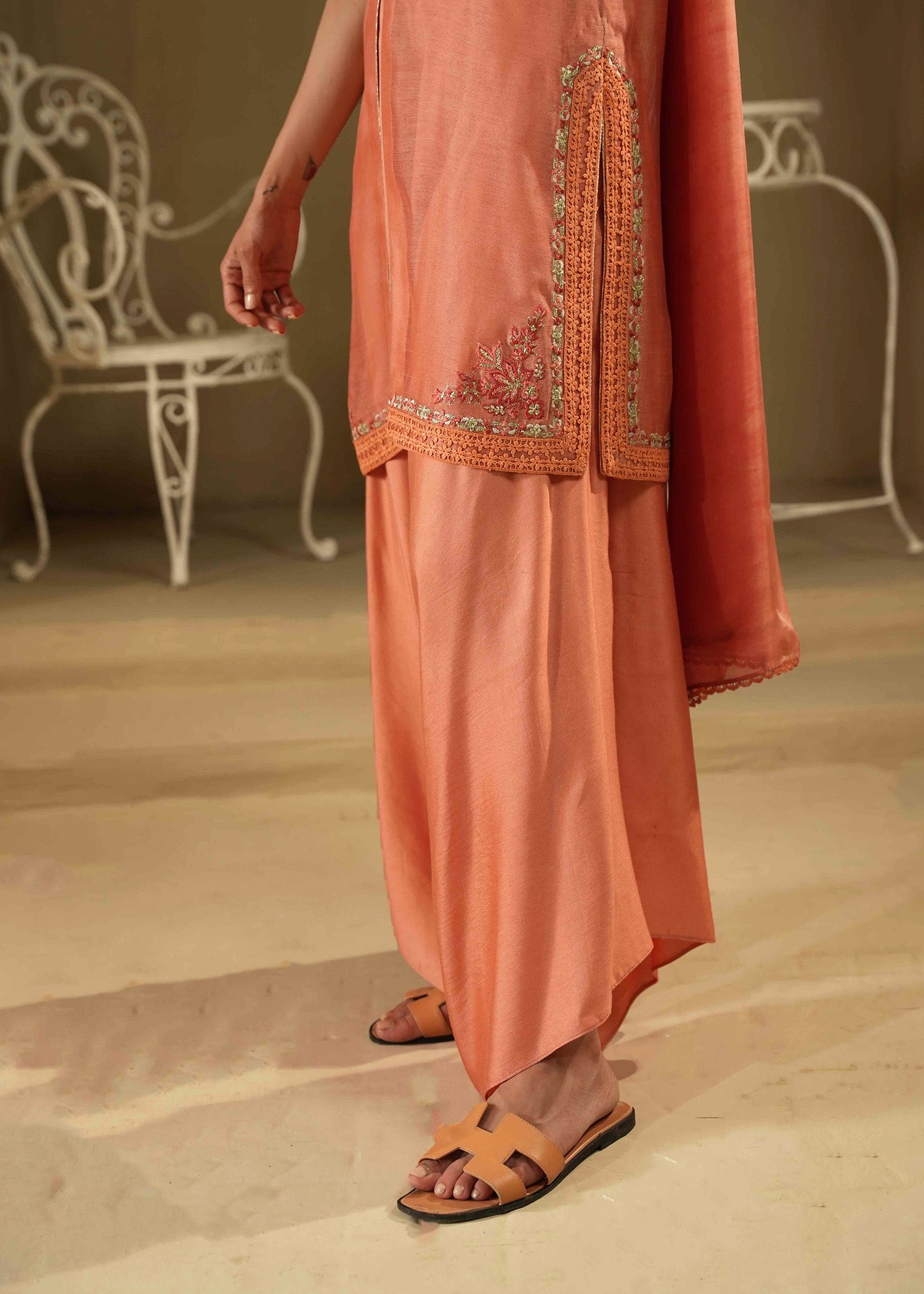 Coral Embroidered Khaddi Silk Jacket Set (3-Piece) - Image 3