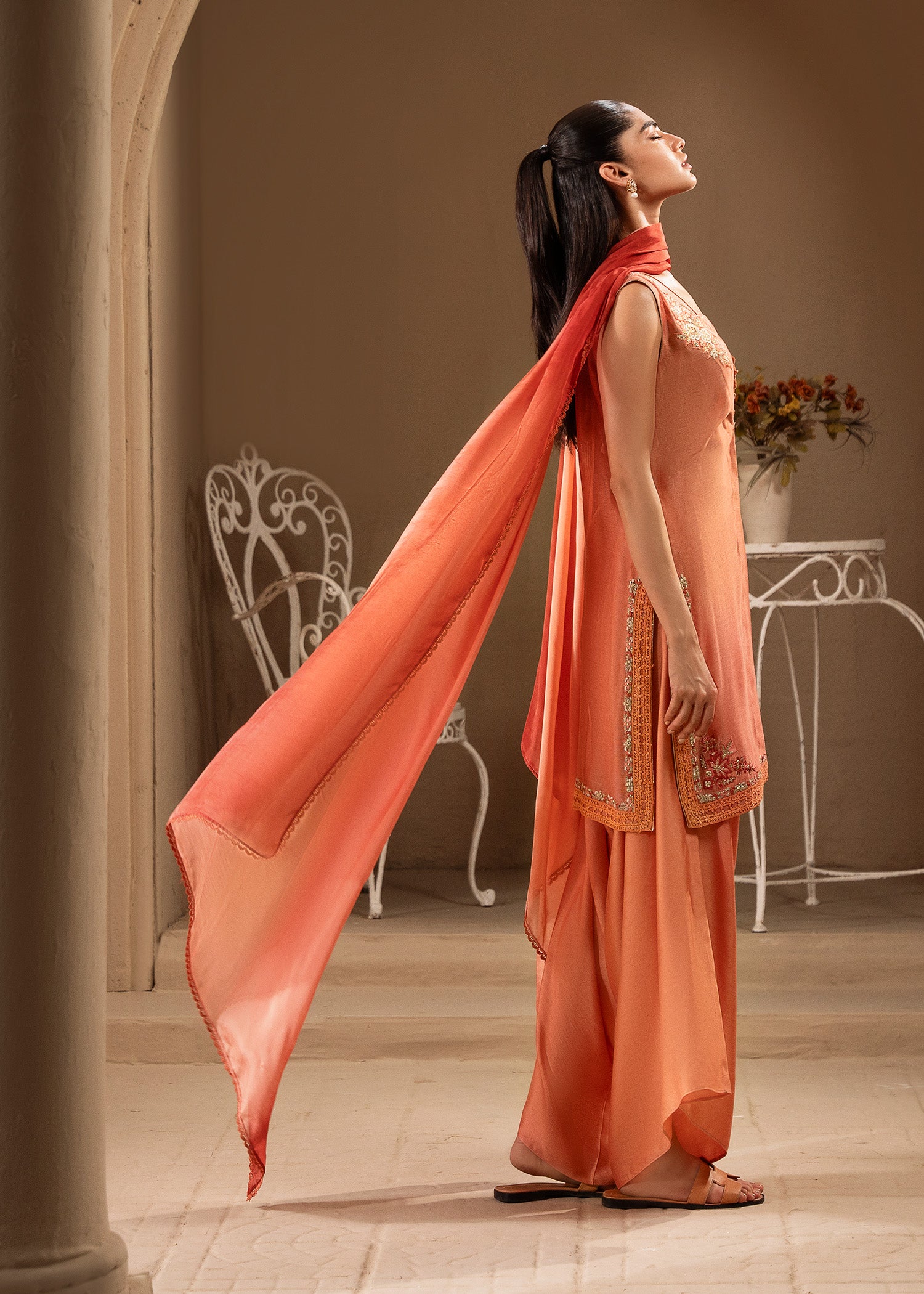 Coral Embroidered Khaddi Silk Jacket Set (3-Piece) - Image 4