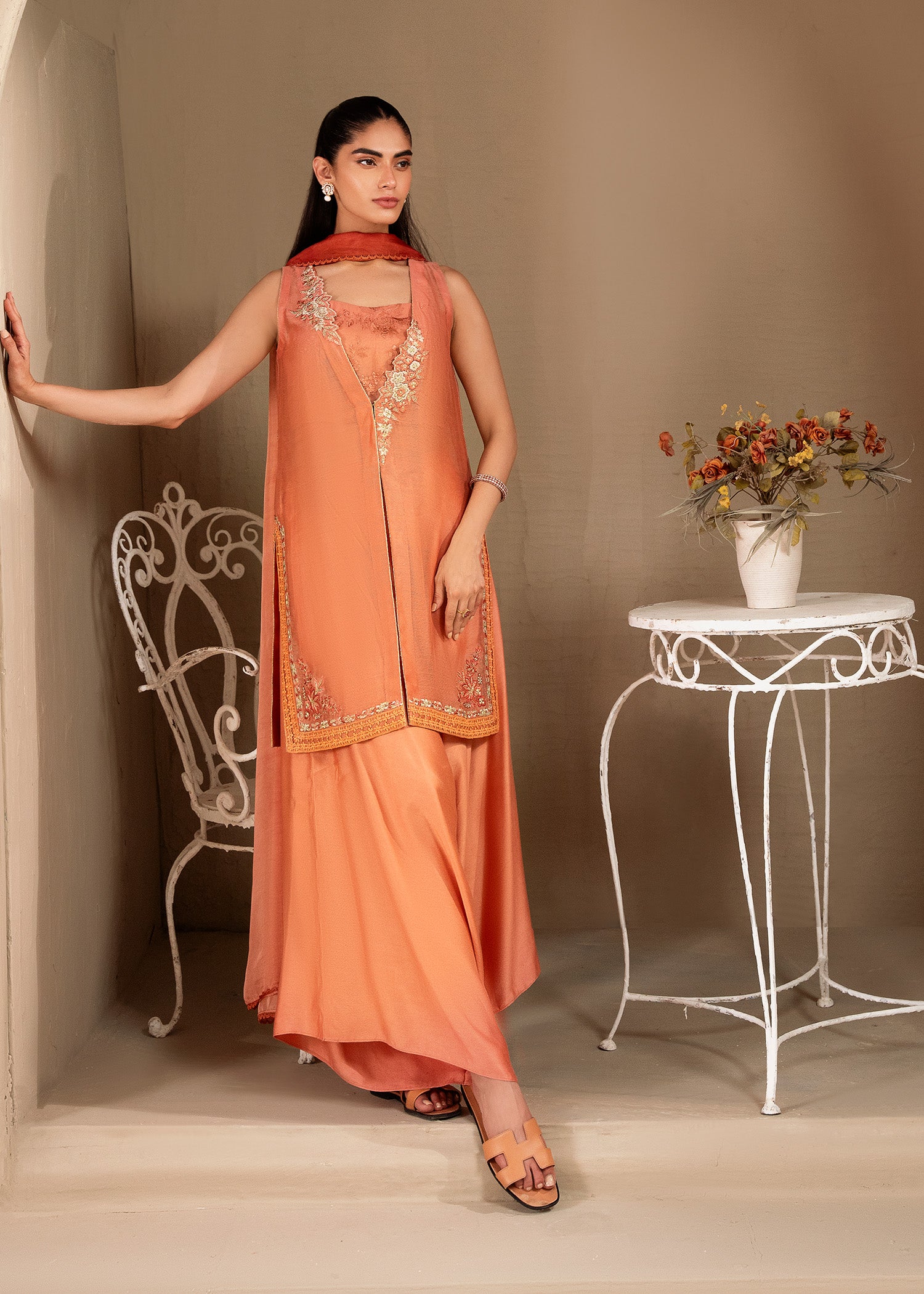 Coral Embroidered Khaddi Silk Jacket Set (3-Piece) - Image 6