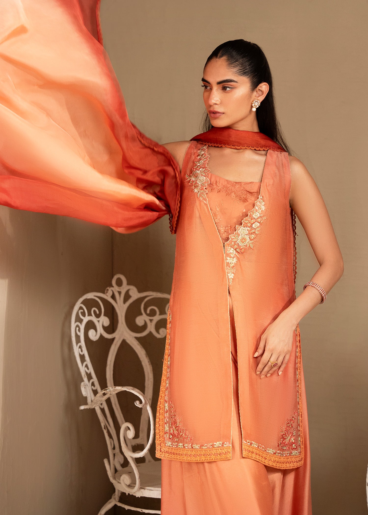 Coral Embroidered Khaddi Silk Jacket Set (3-Piece) - Image 7