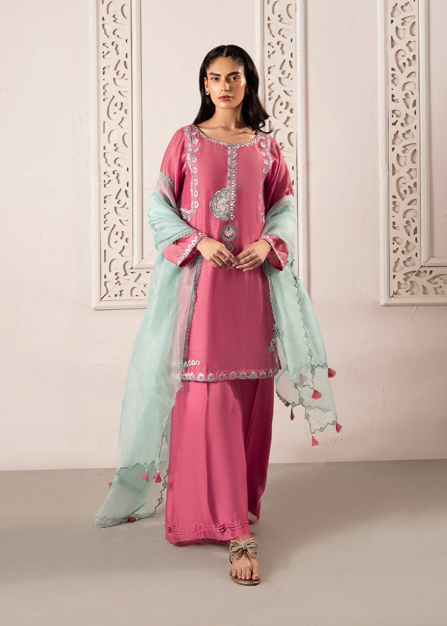 Candy Pink Embroidered Khaddi Silk Kurta Set (3-Piece) - Image 1