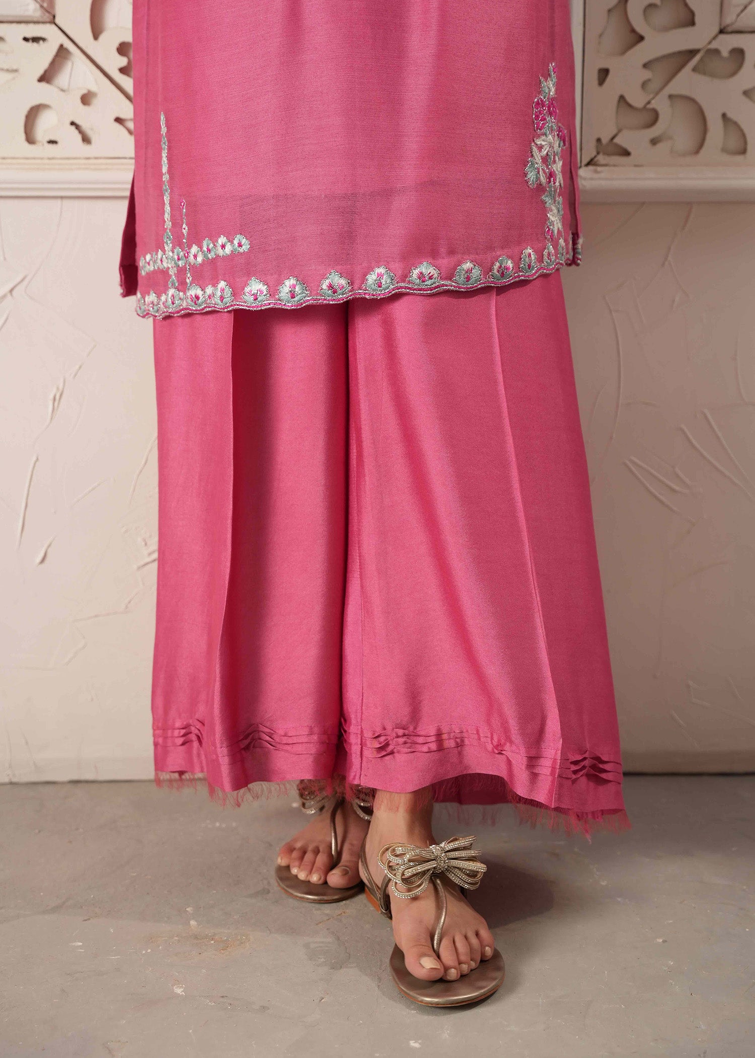 Candy Pink Embroidered Khaddi Silk Kurta Set (3-Piece) - Image 2
