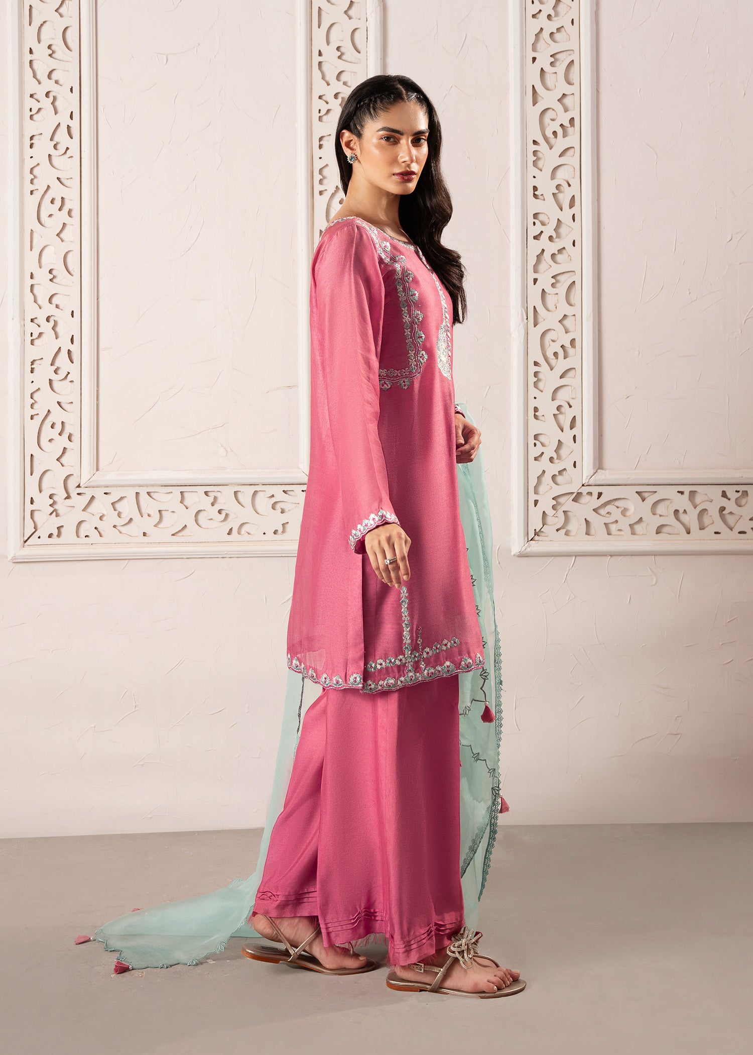 Candy Pink Embroidered Khaddi Silk Kurta Set (3-Piece) - Image 3