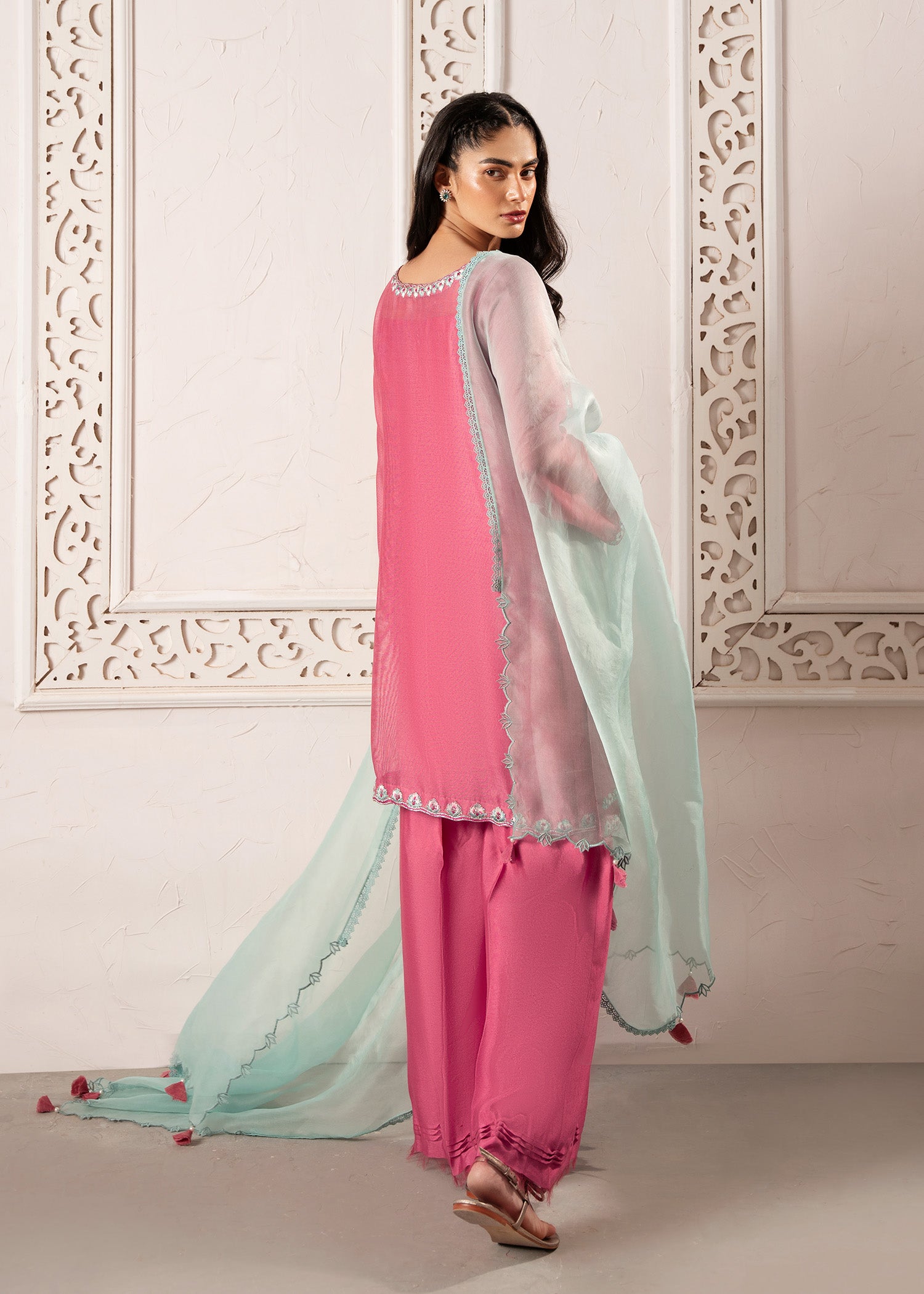 Candy Pink Embroidered Khaddi Silk Kurta Set (3-Piece) - Image 4