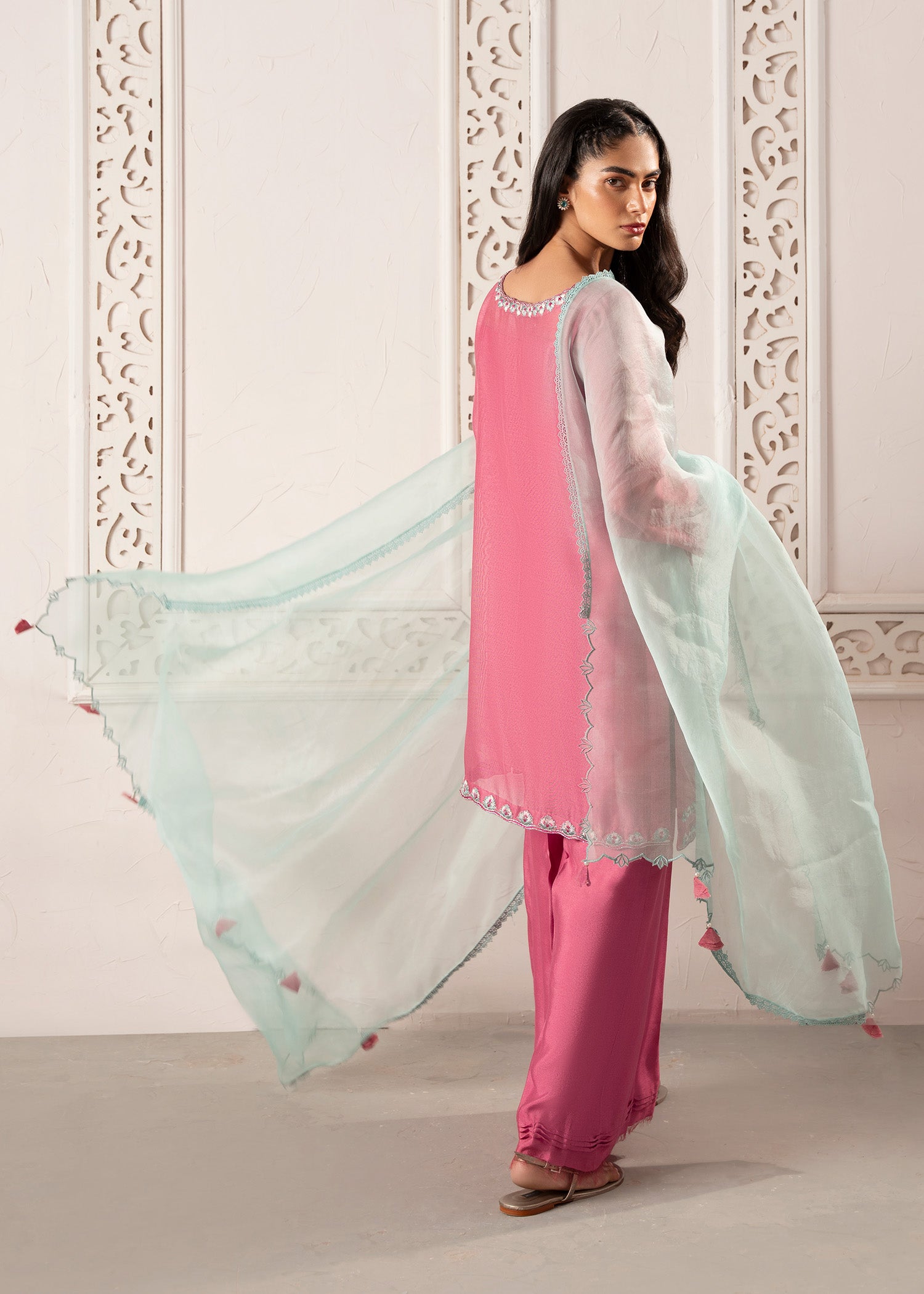 Candy Pink Embroidered Khaddi Silk Kurta Set (3-Piece) - Image 5
