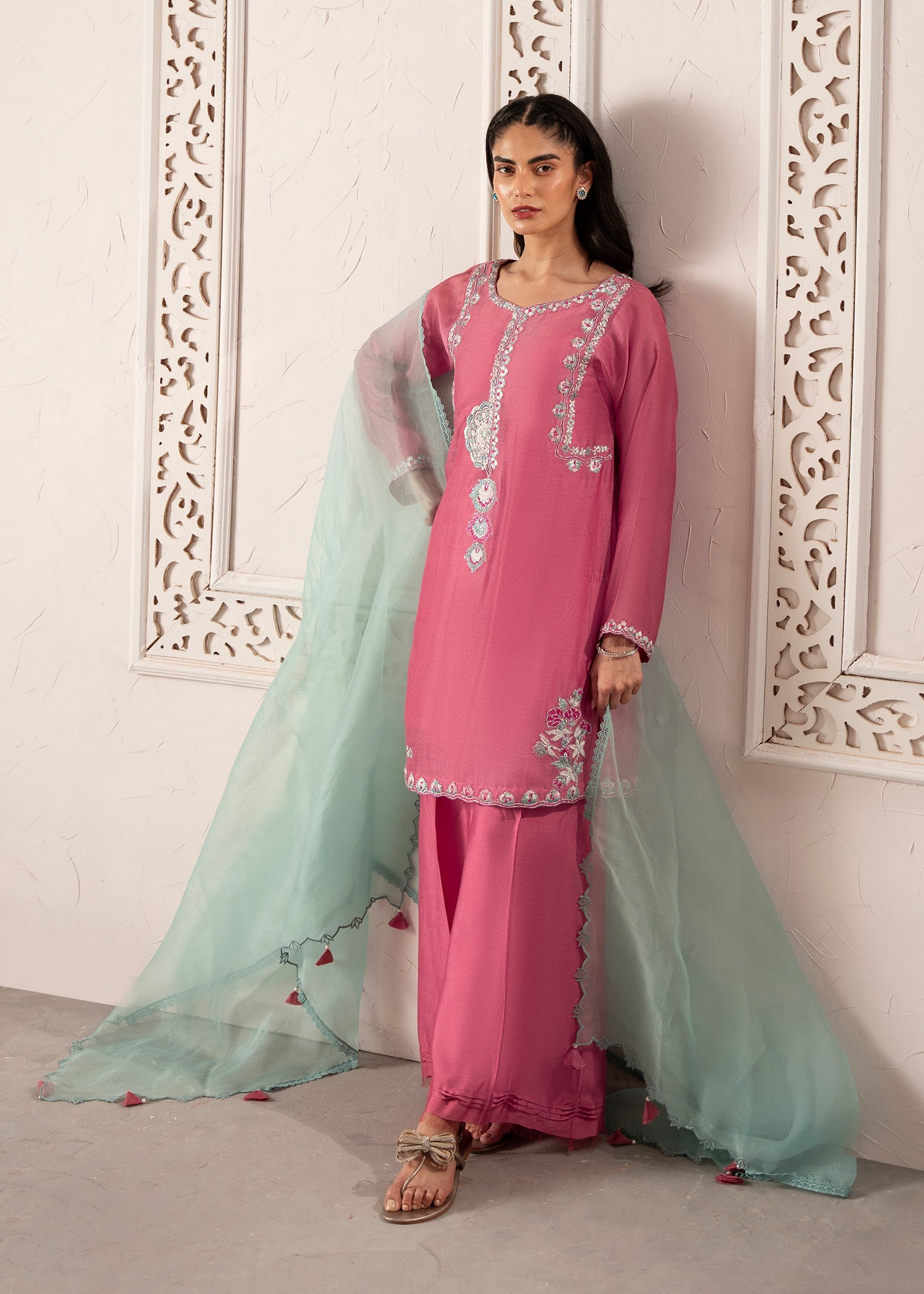 Candy Pink Embroidered Khaddi Silk Kurta Set (3-Piece) - Image 6