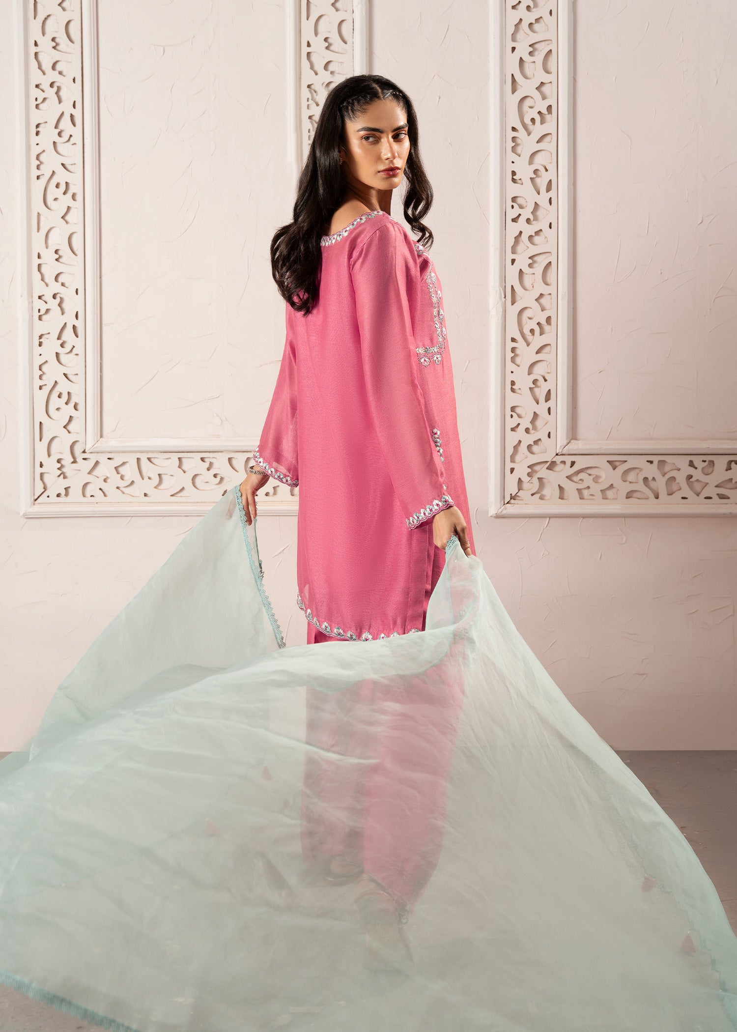 Candy Pink Embroidered Khaddi Silk Kurta Set (3-Piece) - Image 7