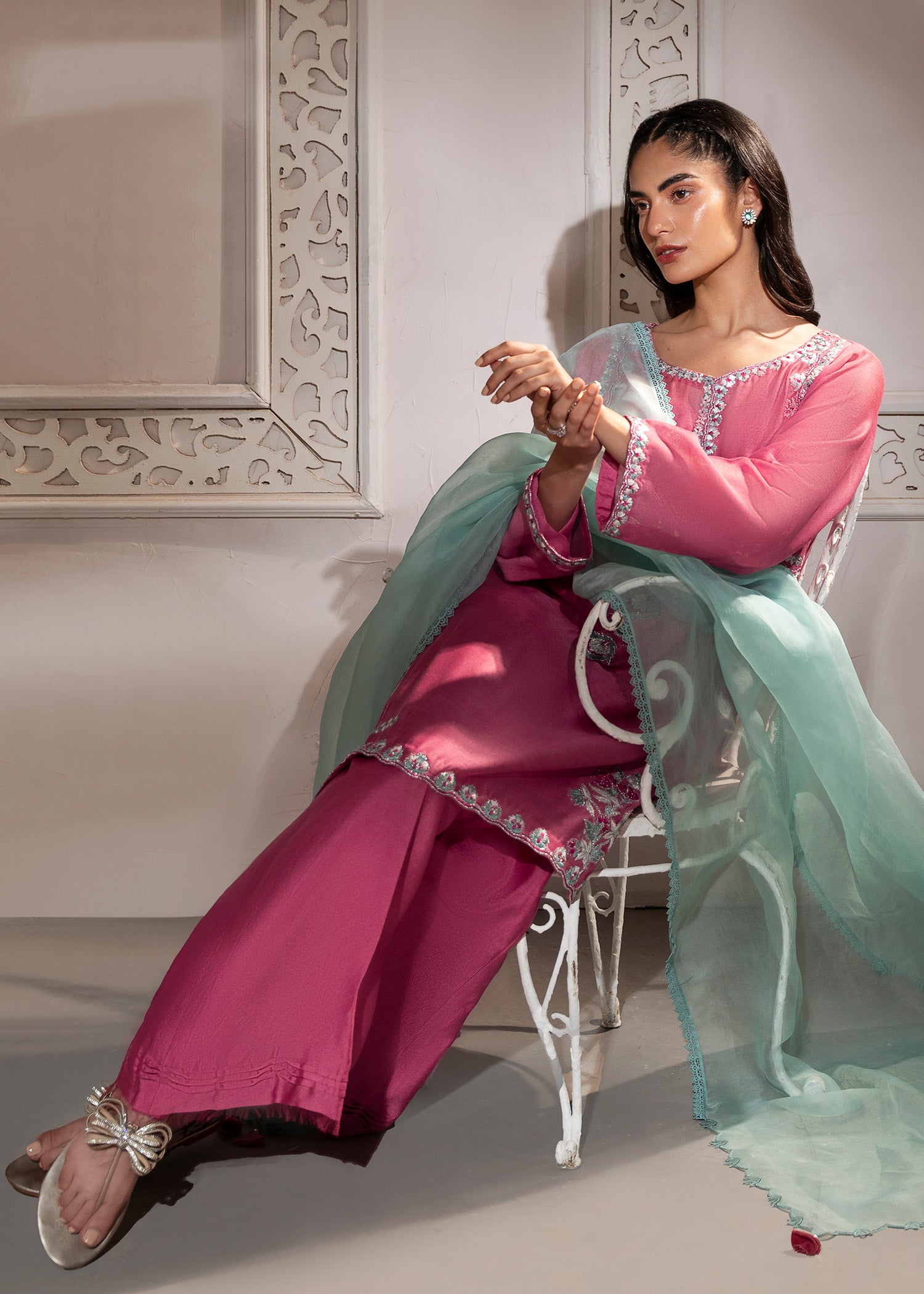 Candy Pink Embroidered Khaddi Silk Kurta Set (3-Piece) - Image 8