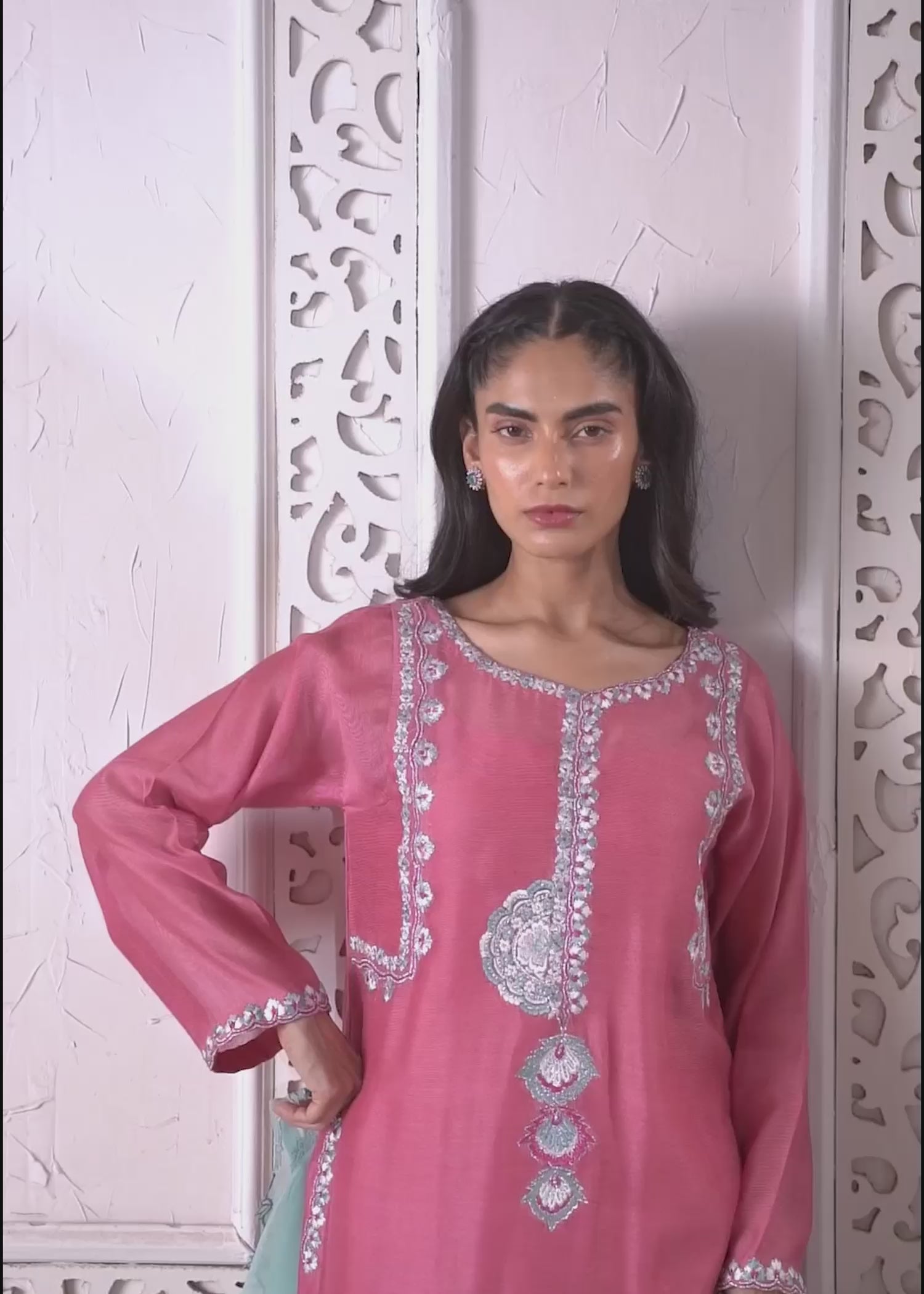 Candy Pink Embroidered Khaddi Silk Kurta Set (3-Piece) - Image 9