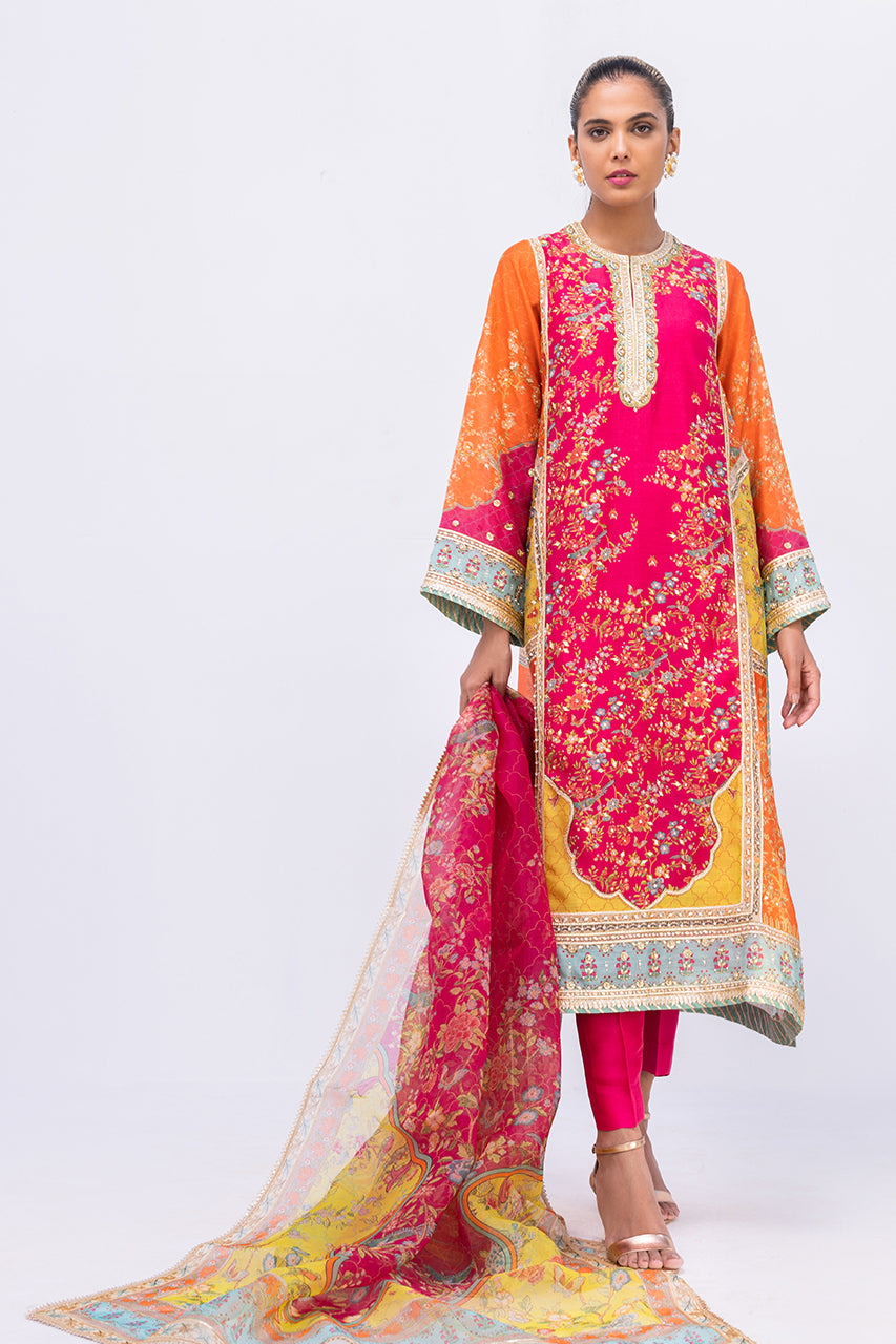 Raspberry Gota Khaddi Silk Salwar Kameez (3-Piece) - Image 1