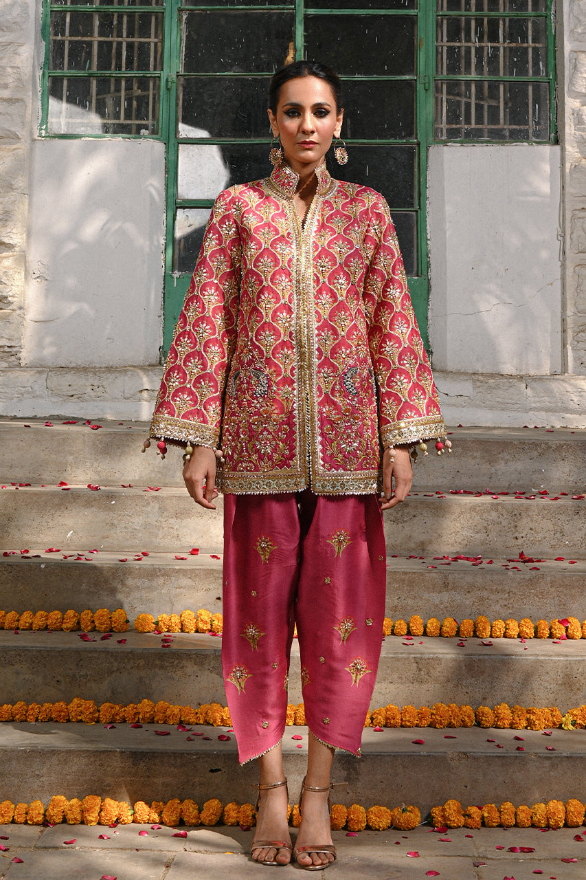 Pakistani Coral Gota Zardozi Khaddi Silk Jacket & Shalwar (2-Piece) - Image 1