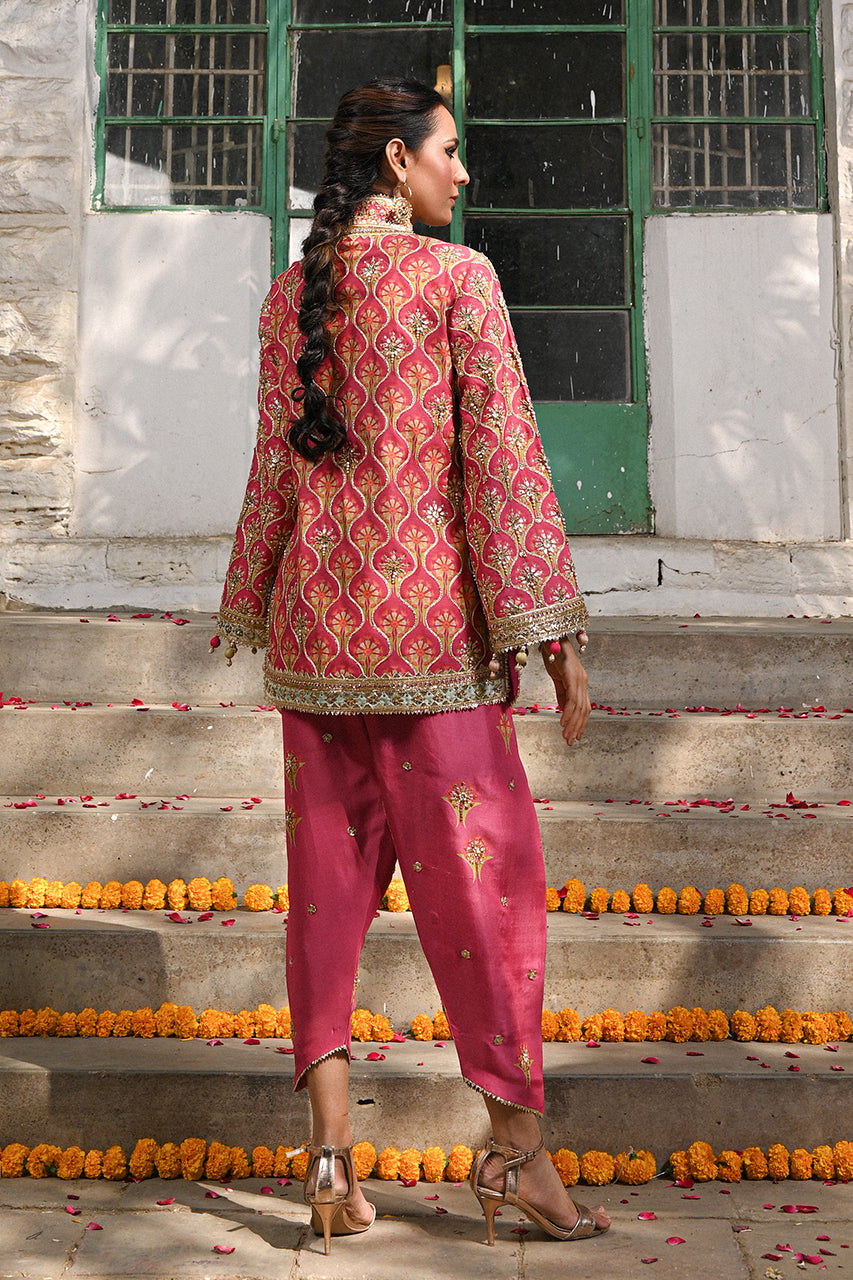 Pakistani Coral Gota Zardozi Khaddi Silk Jacket & Shalwar (2-Piece) - Image 2