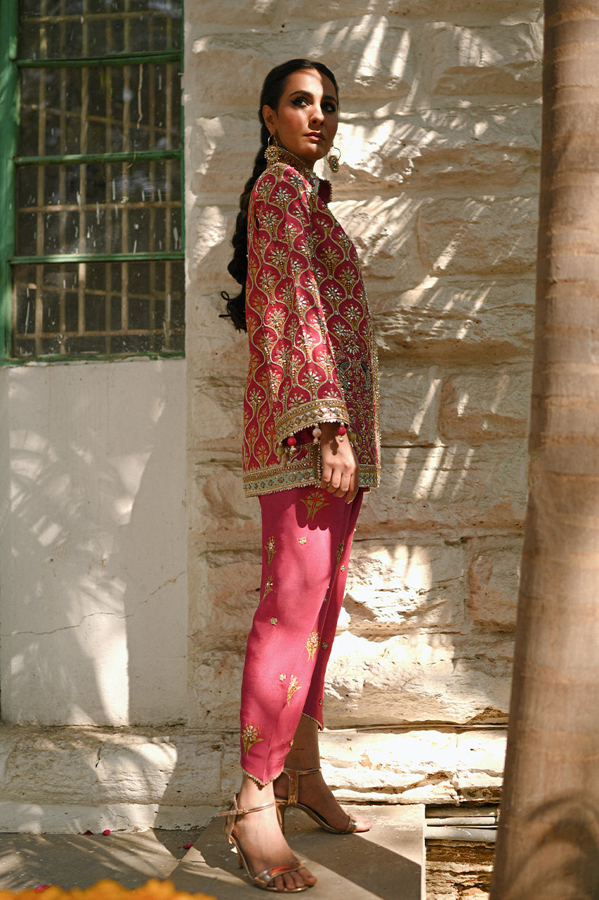 Pakistani Coral Gota Zardozi Khaddi Silk Jacket & Shalwar (2-Piece) - Image 3