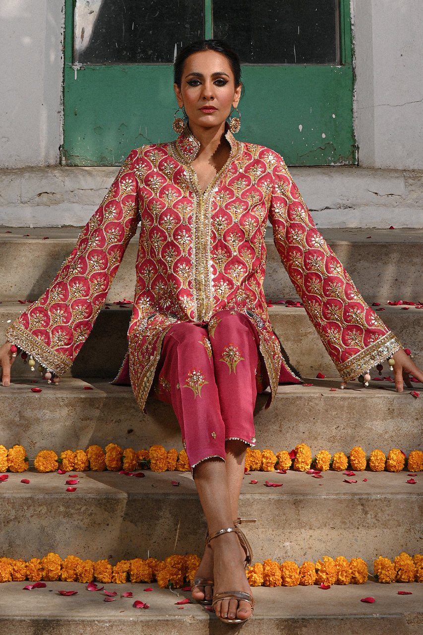 Pakistani Coral Gota Zardozi Khaddi Silk Jacket & Shalwar (2-Piece) - Image 4