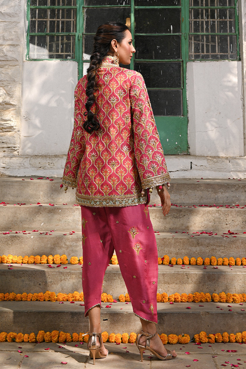 Pakistani Coral Gota Zardozi Khaddi Silk Jacket & Shalwar (2-Piece) - Image 5