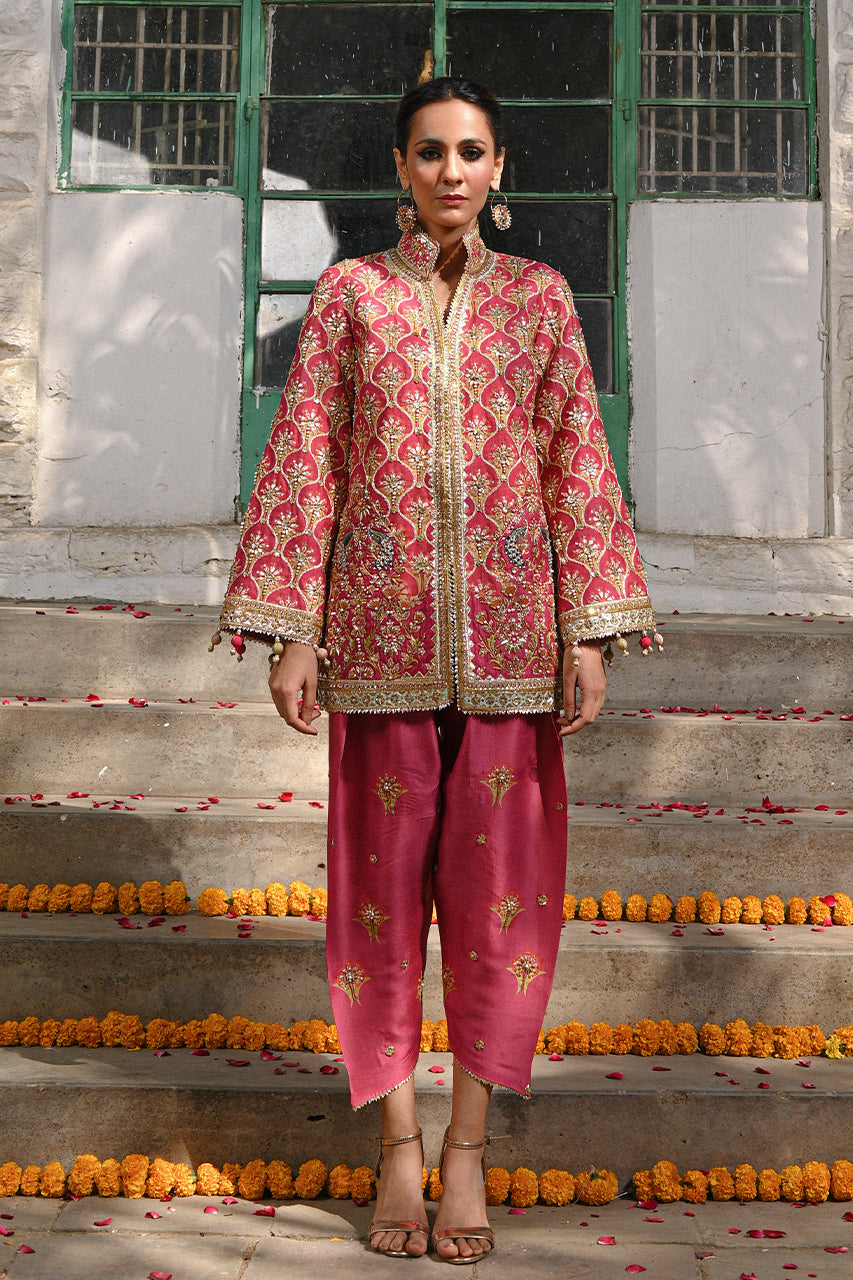Pakistani Coral Gota Zardozi Khaddi Silk Jacket & Shalwar (2-Piece) - Image 6
