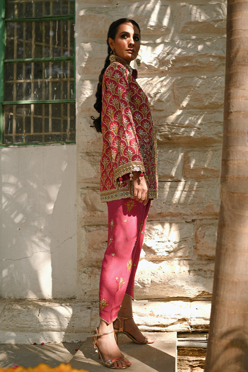 Pakistani Coral Gota Zardozi Khaddi Silk Jacket & Shalwar (2-Piece) - Image 7