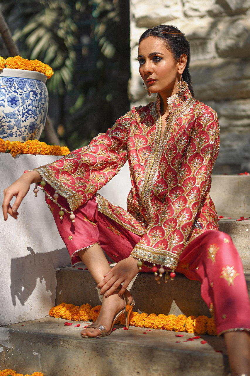 Pakistani Coral Gota Zardozi Khaddi Silk Jacket & Shalwar (2-Piece) - Image 8