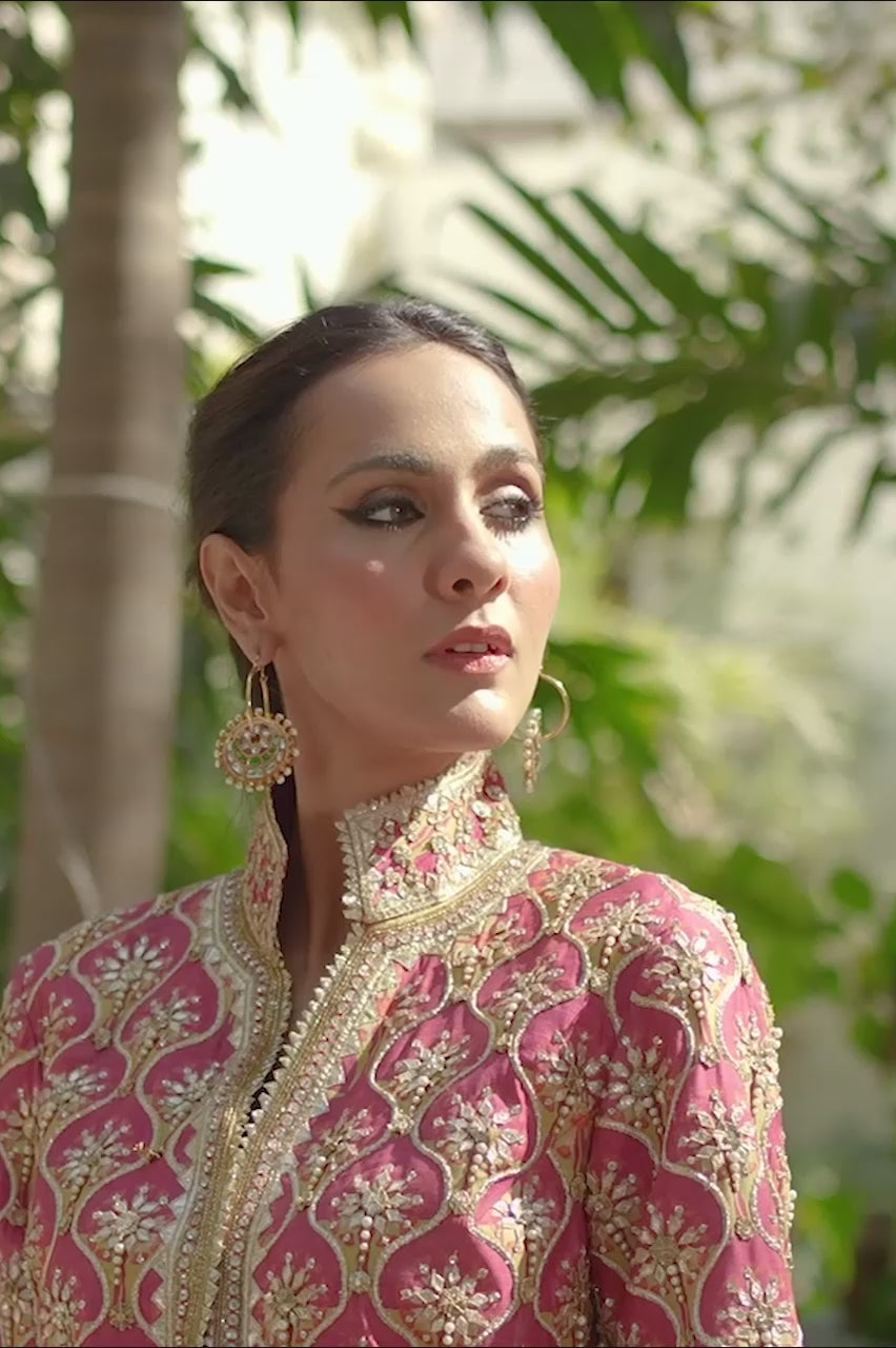 Pakistani Coral Gota Zardozi Khaddi Silk Jacket & Shalwar (2-Piece) - Image 9