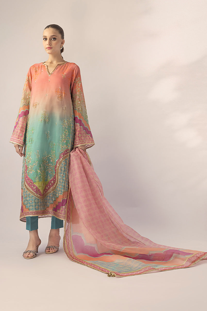 Peach & Aqua Ombre Embroidered Khaddi Silk Kurta (3-Piece) - Image 1
