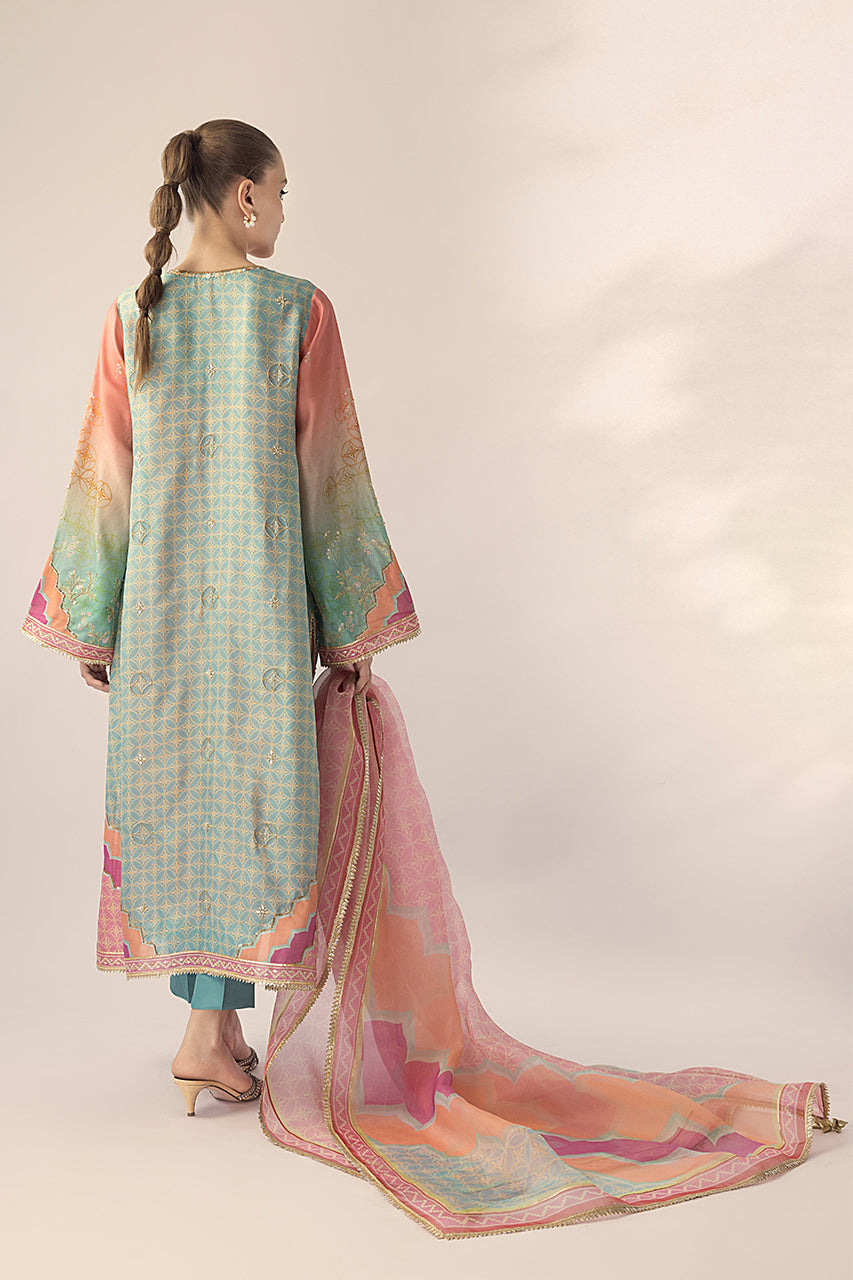 Peach & Aqua Ombre Embroidered Khaddi Silk Kurta (3-Piece) - Image 2
