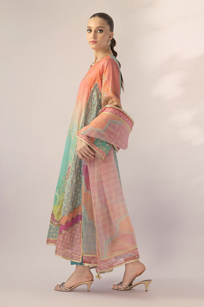 Peach & Aqua Ombre Embroidered Khaddi Silk Kurta (3-Piece) - Image 3