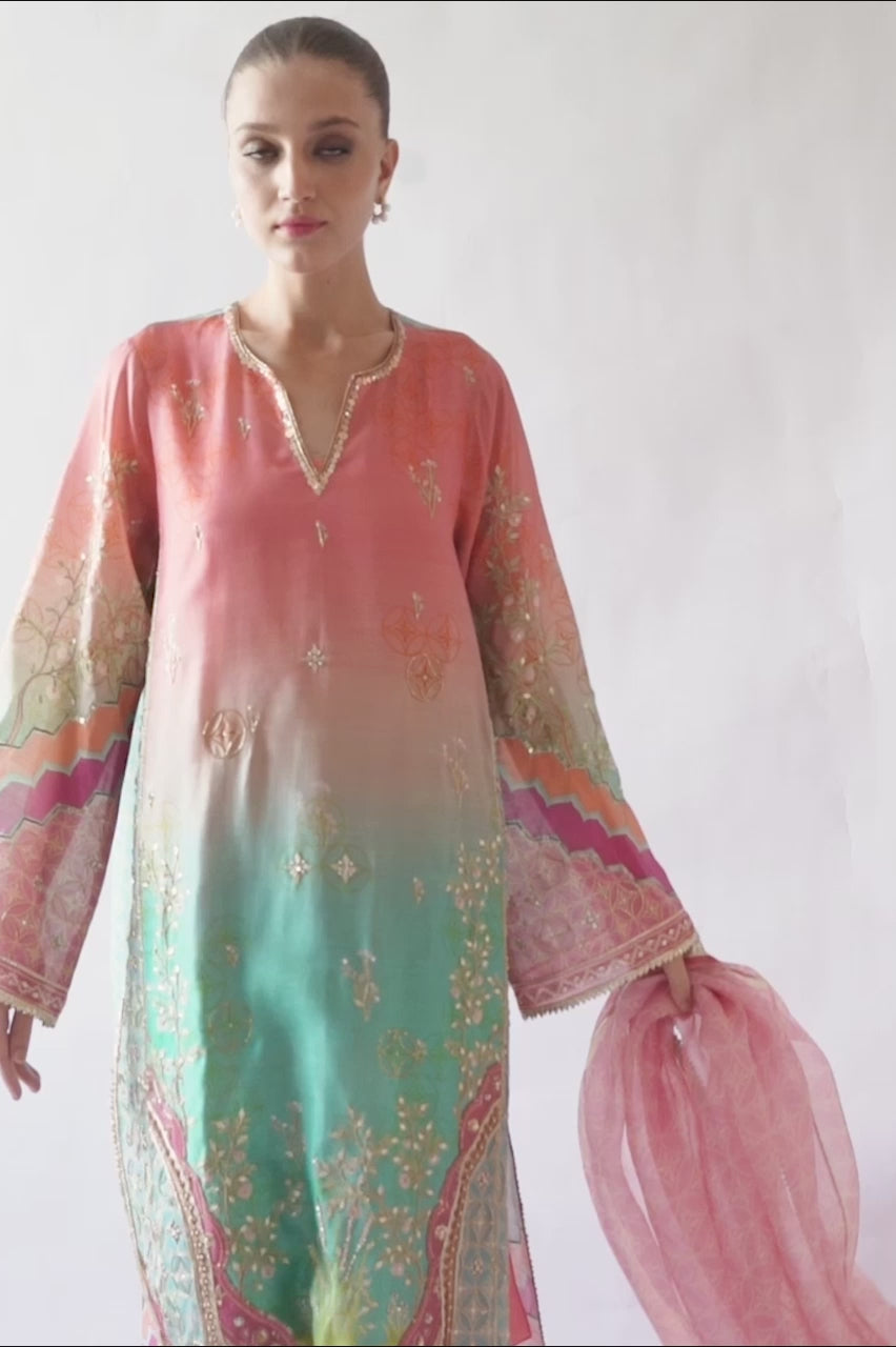 Peach & Aqua Ombre Embroidered Khaddi Silk Kurta (3-Piece) - Image 5