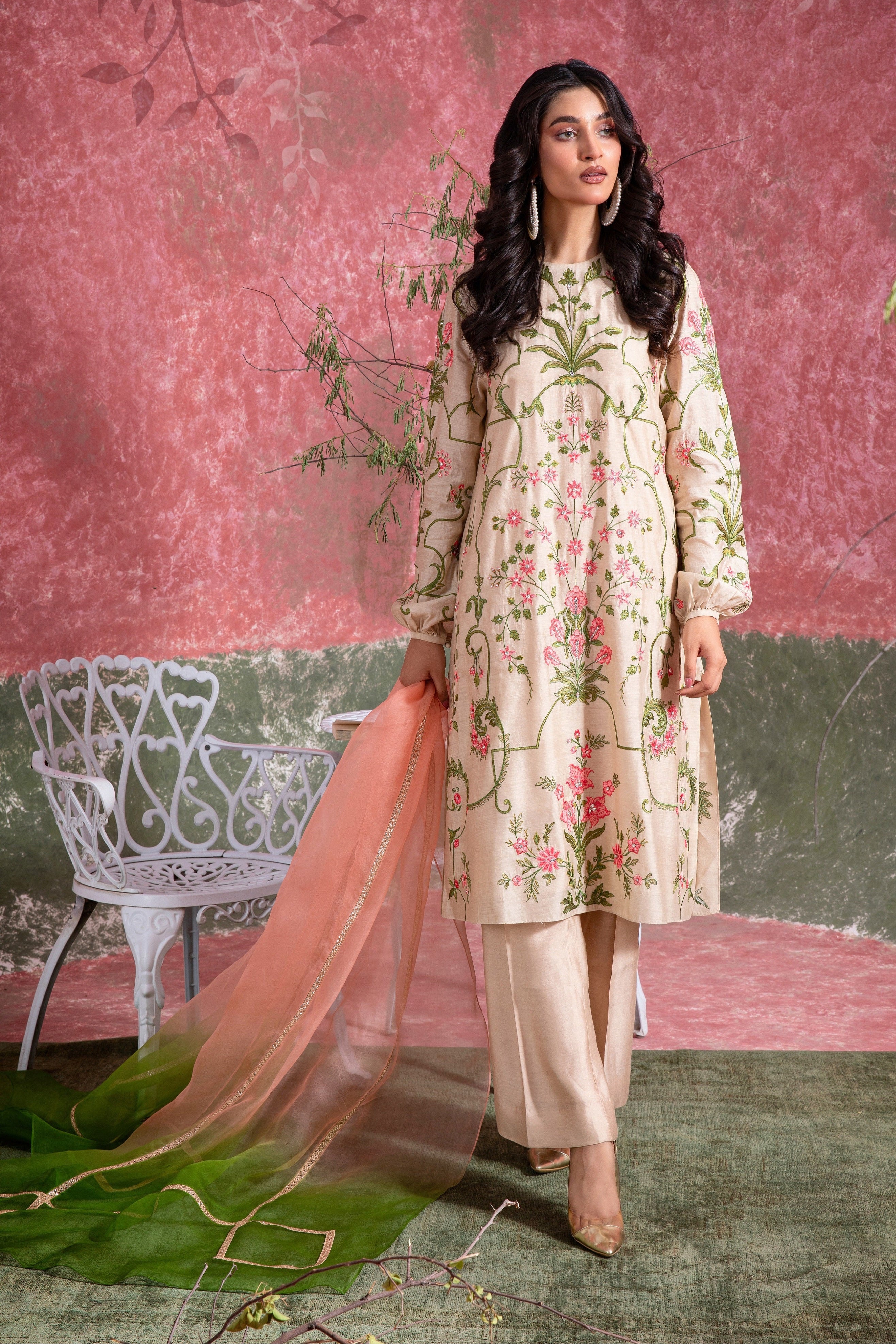 Almond Blush Embroidered Khadi Silk Salwar Kameez (3-Piece) - Image 1