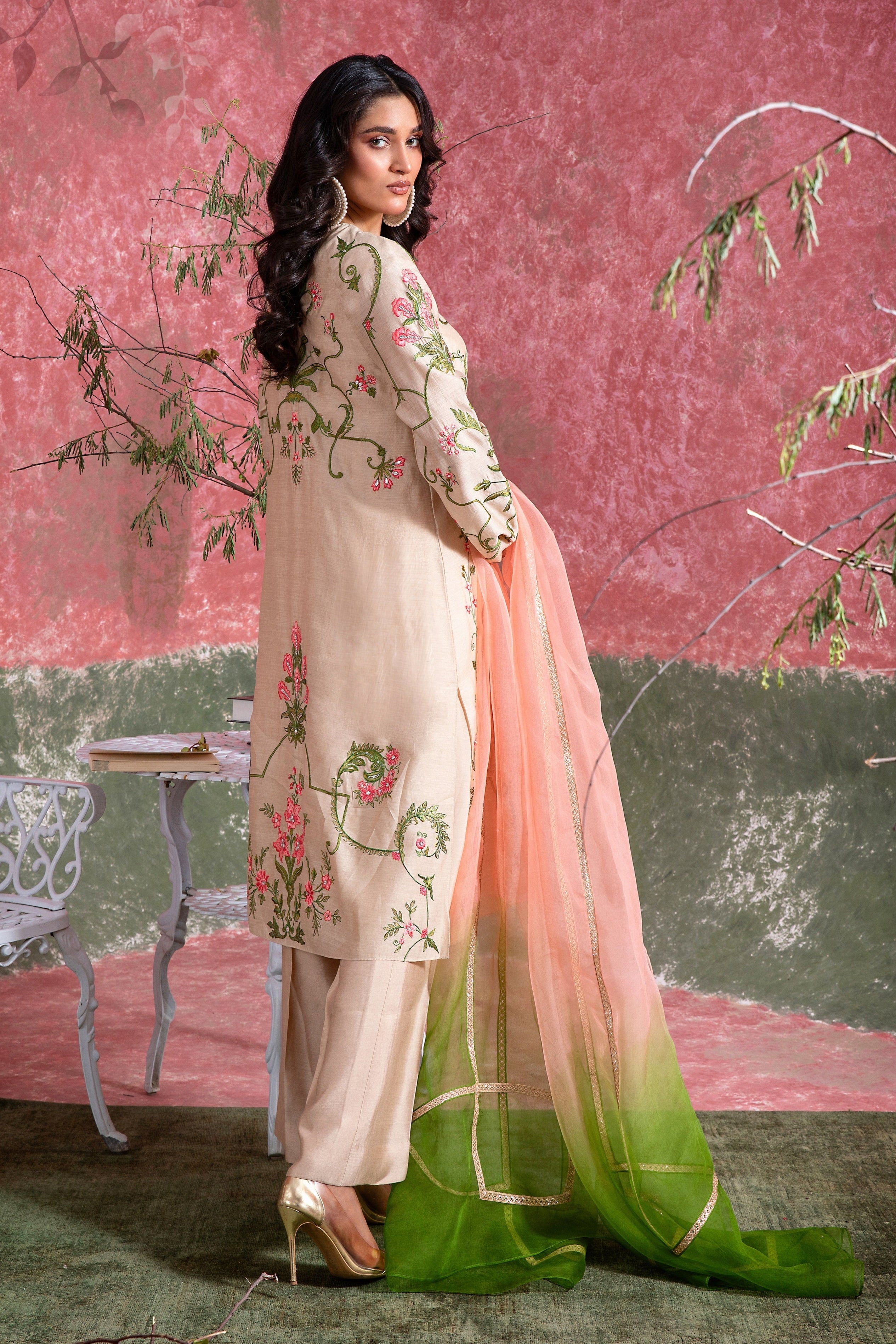 Almond Blush Embroidered Khadi Silk Salwar Kameez (3-Piece) - Image 3