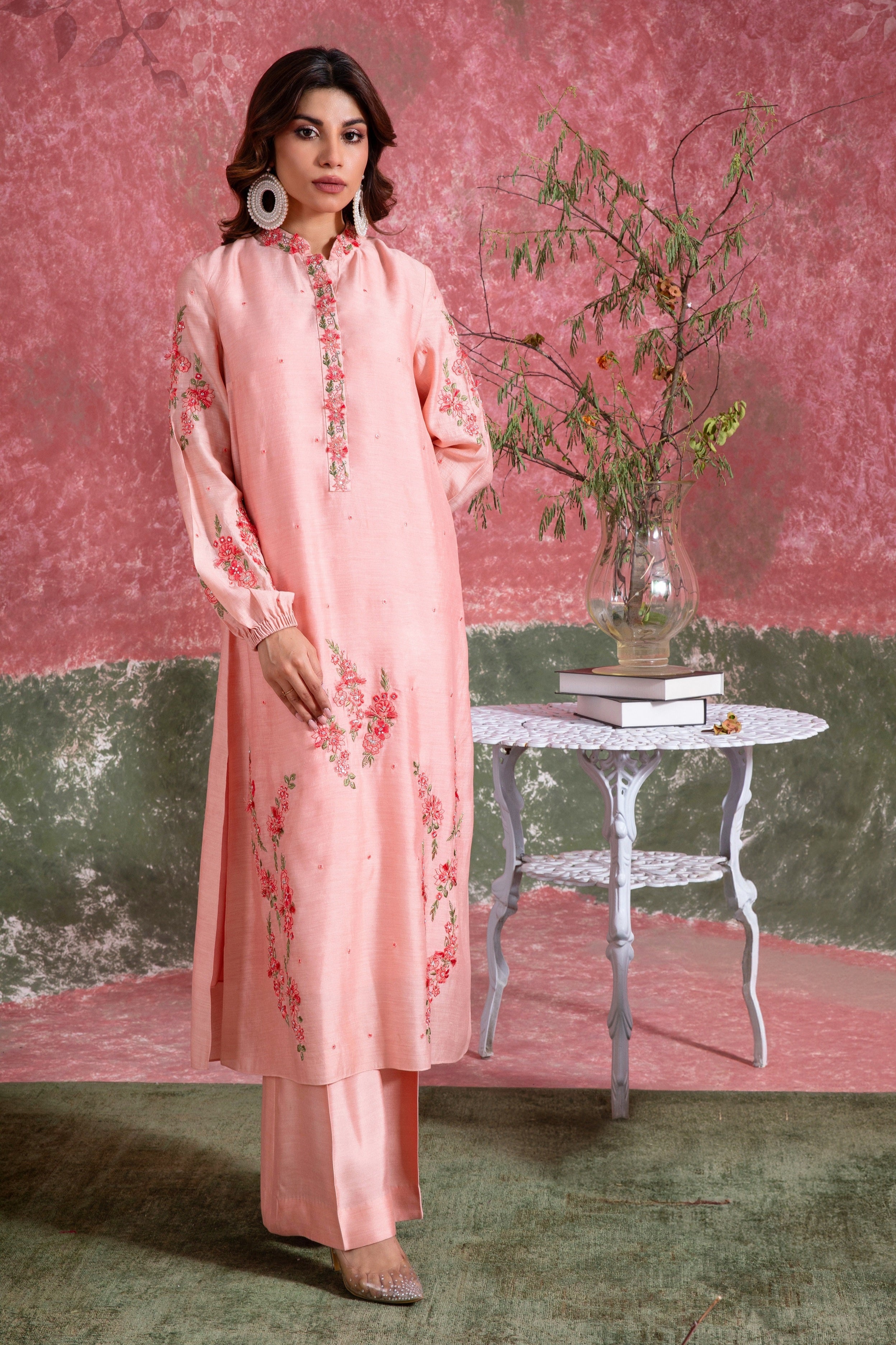 Shell Pink Embroidered Khadi Silk Salwar Kameez (2-Piece) - Image 1