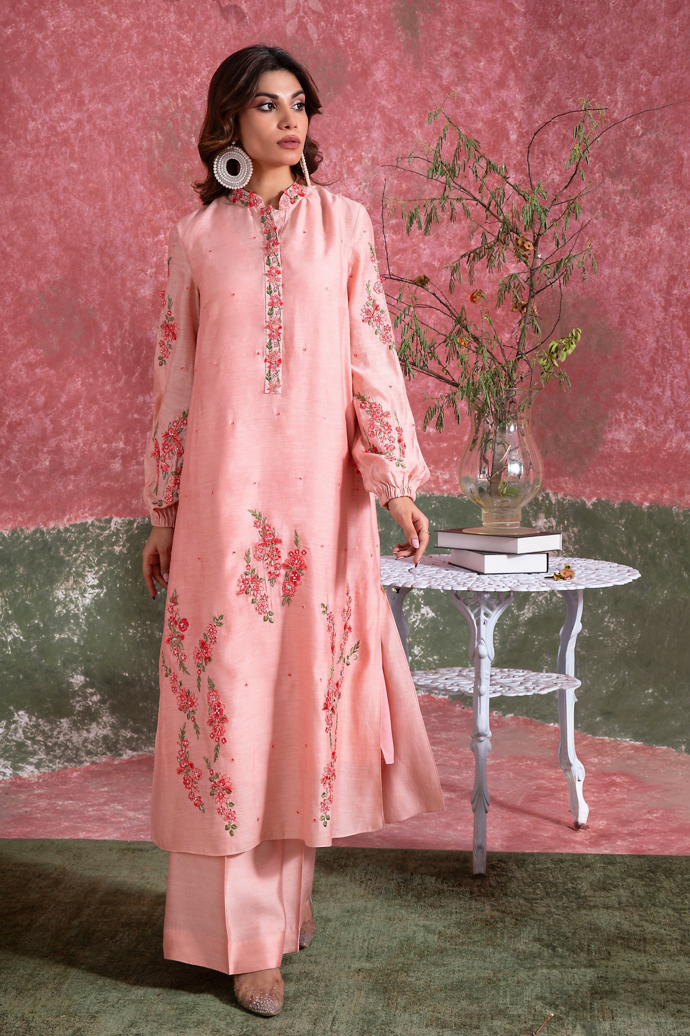 Shell Pink Embroidered Khadi Silk Salwar Kameez (2-Piece) - Image 2