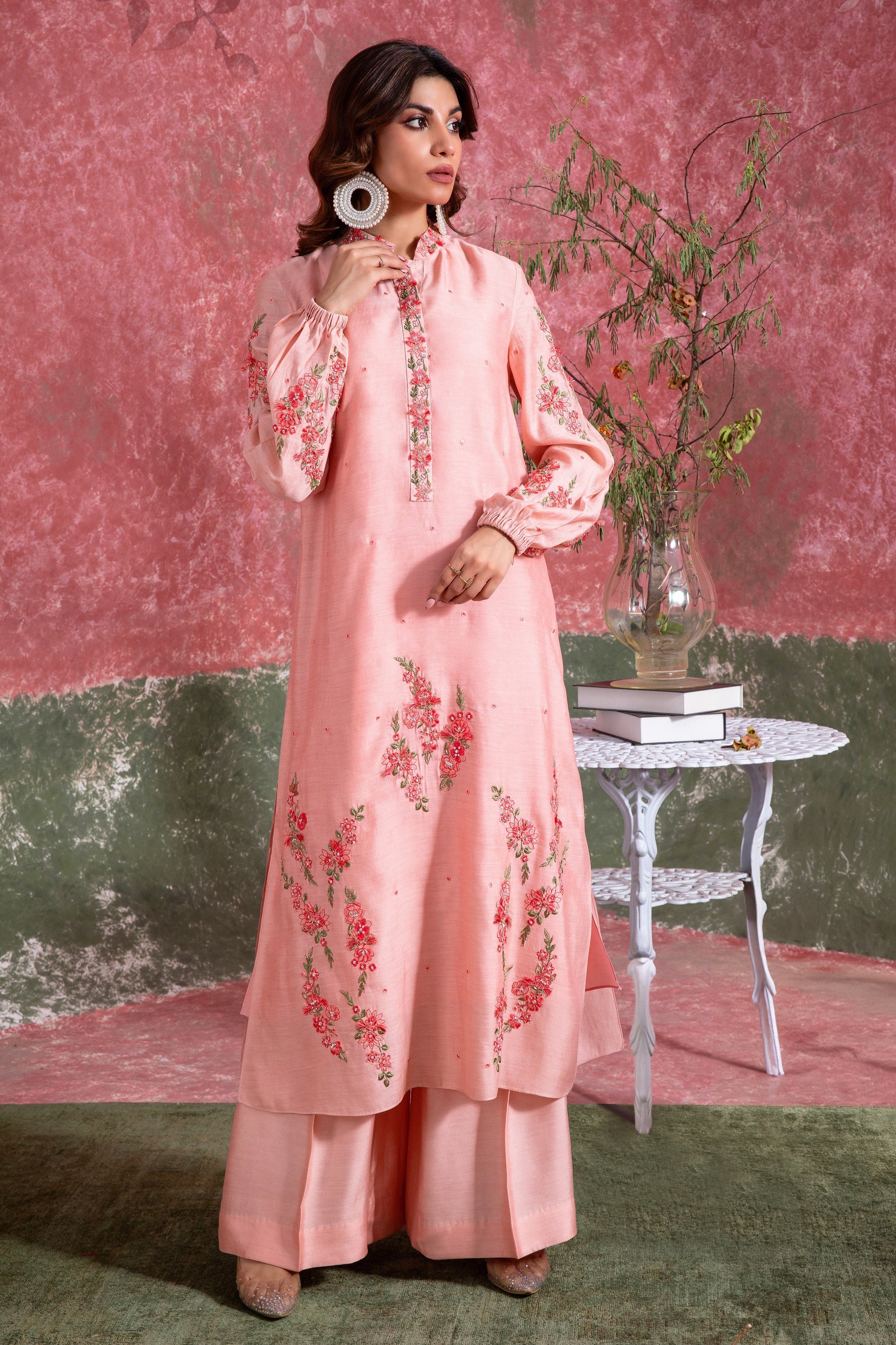Shell Pink Embroidered Khadi Silk Salwar Kameez (2-Piece) - Image 3