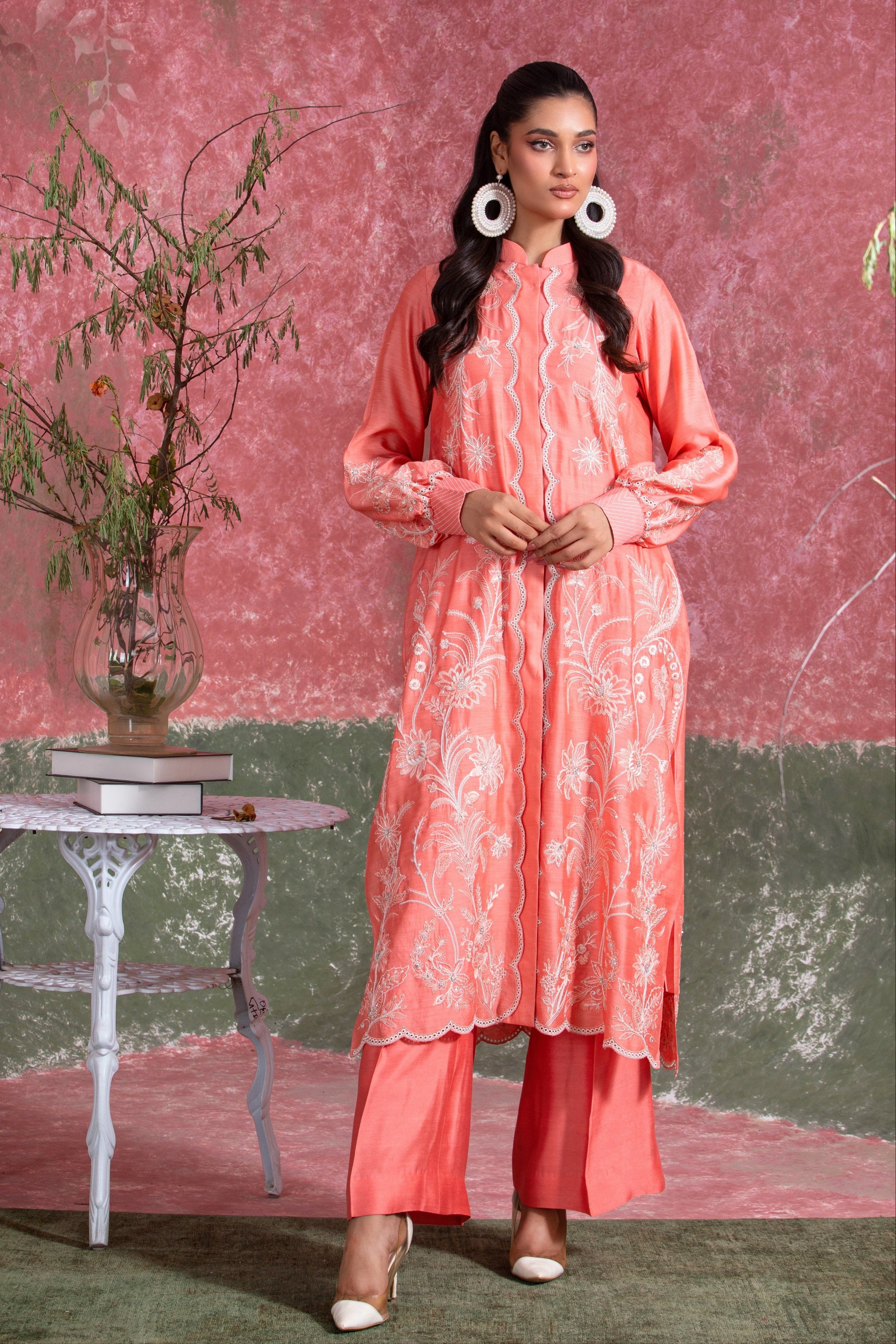 Pakistani Coral Pink Embroidered Khadi Silk Salwar Kameez (2-Piece) - Image 1