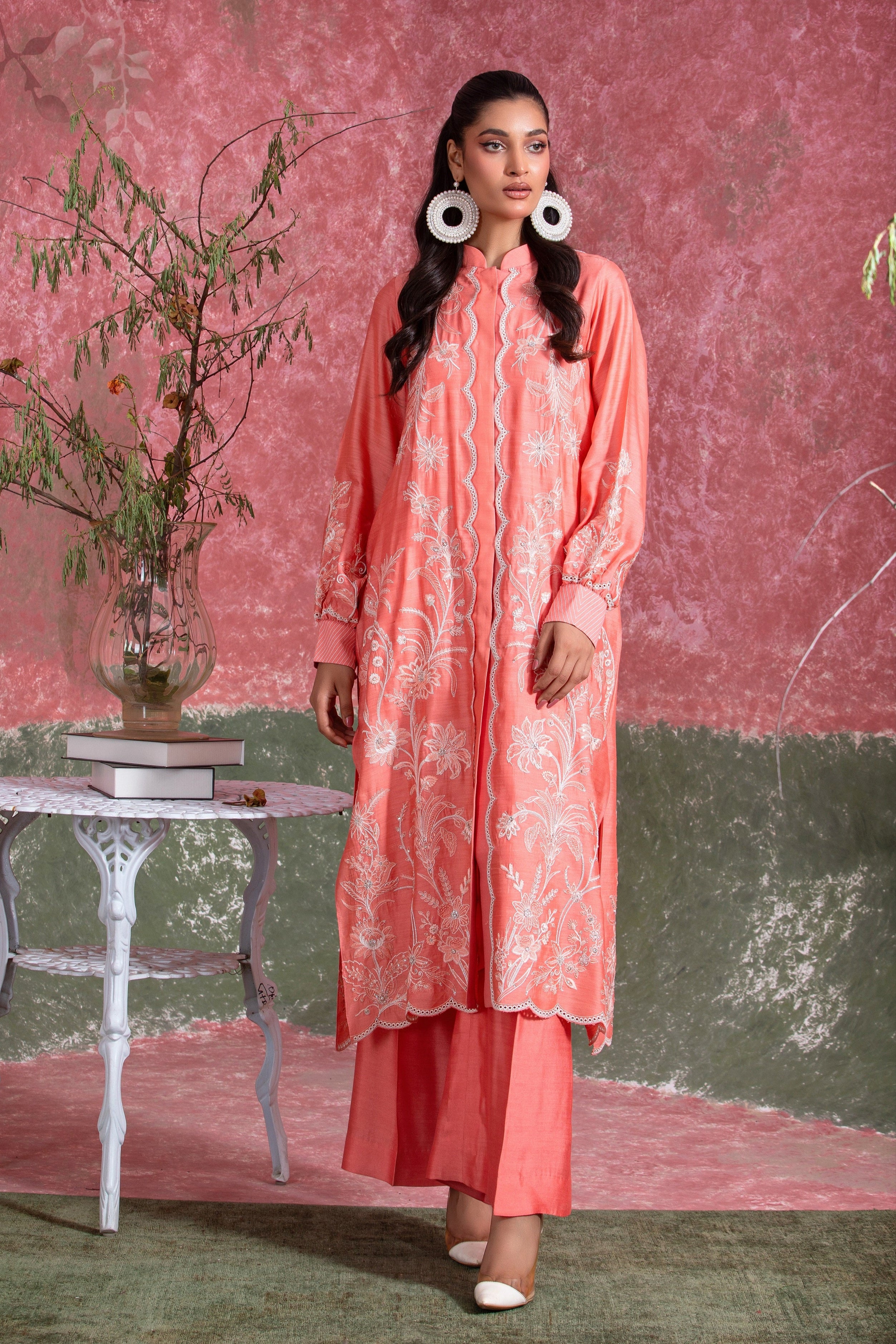 Pakistani Coral Pink Embroidered Khadi Silk Salwar Kameez (2-Piece) - Image 2