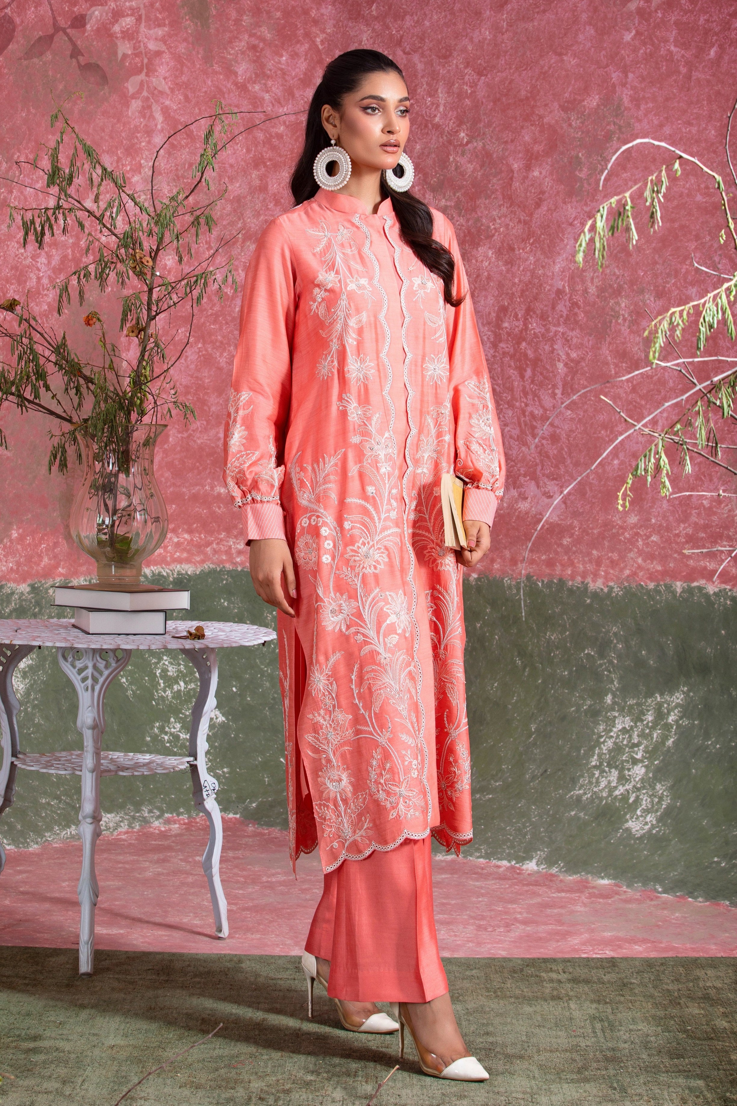 Pakistani Coral Pink Embroidered Khadi Silk Salwar Kameez (2-Piece) - Image 3