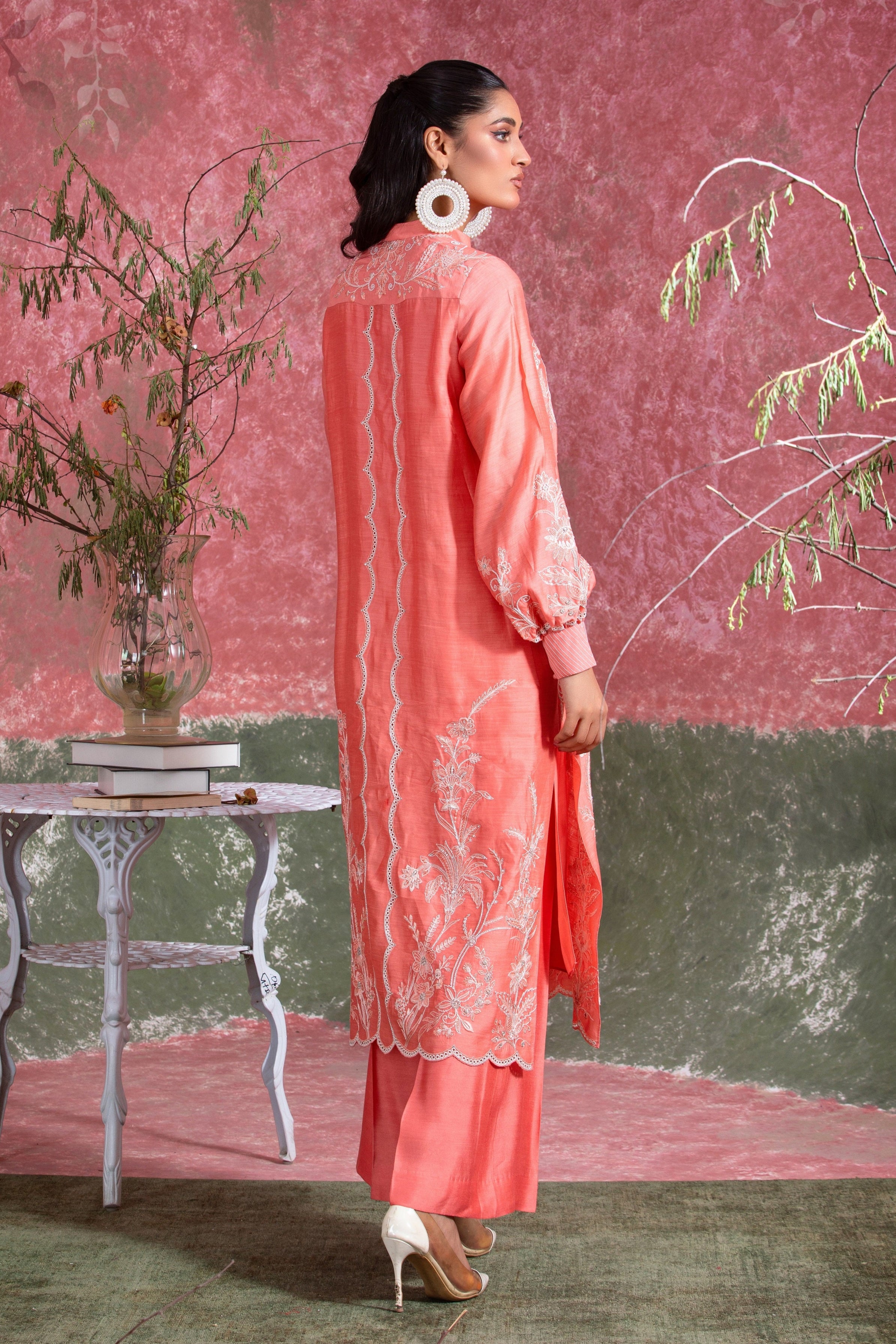 Pakistani Coral Pink Embroidered Khadi Silk Salwar Kameez (2-Piece) - Image 4