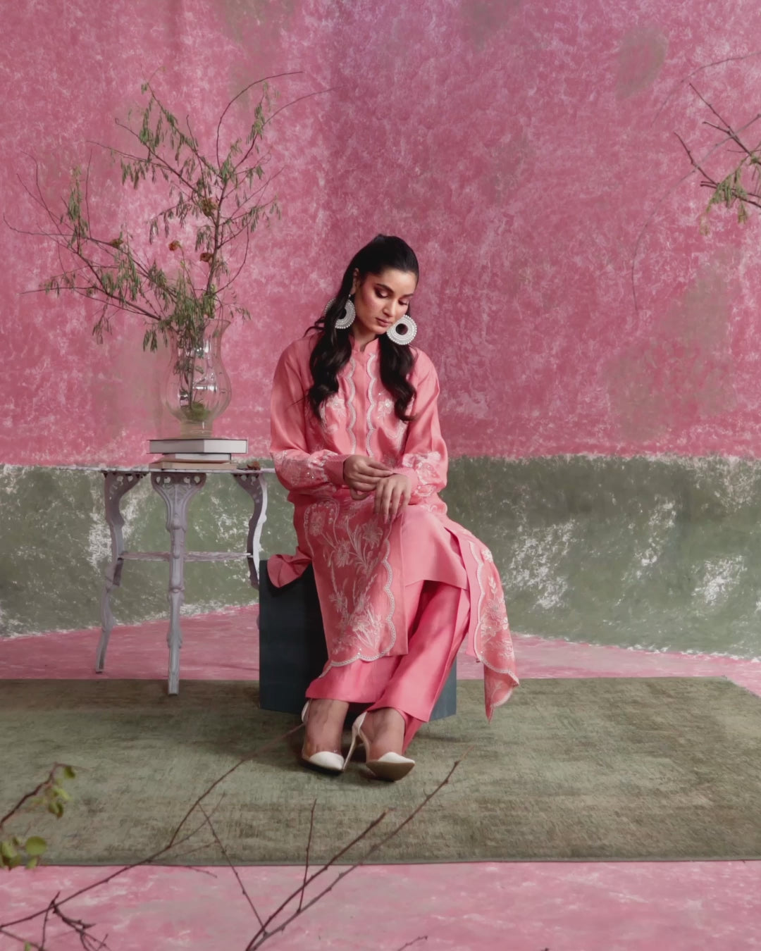 Pakistani Coral Pink Embroidered Khadi Silk Salwar Kameez (2-Piece) - Image 5